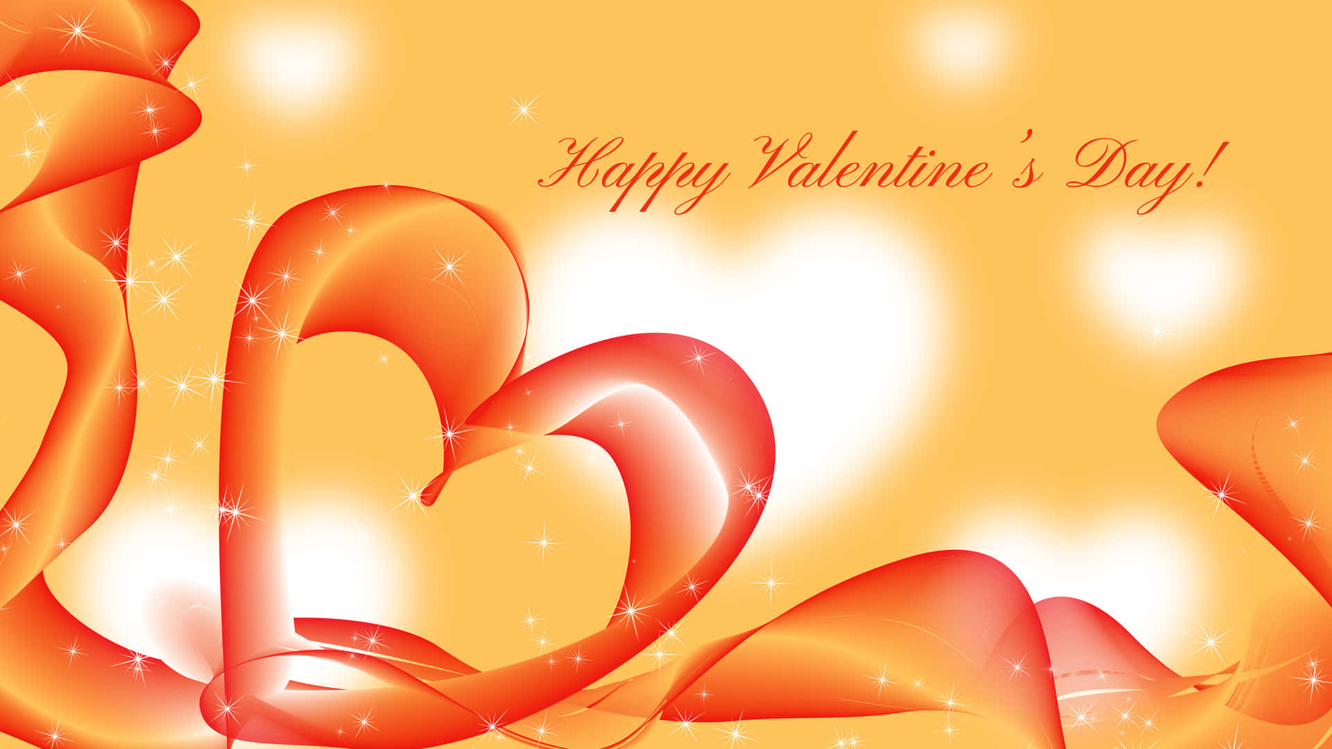 happy valentine's day 桌布 壁紙 — 一個溫暖橙色調的發光心形絲帶在柔和金色背景上閃爍，並帶有 'Happy Valentine's Day!' 文字。