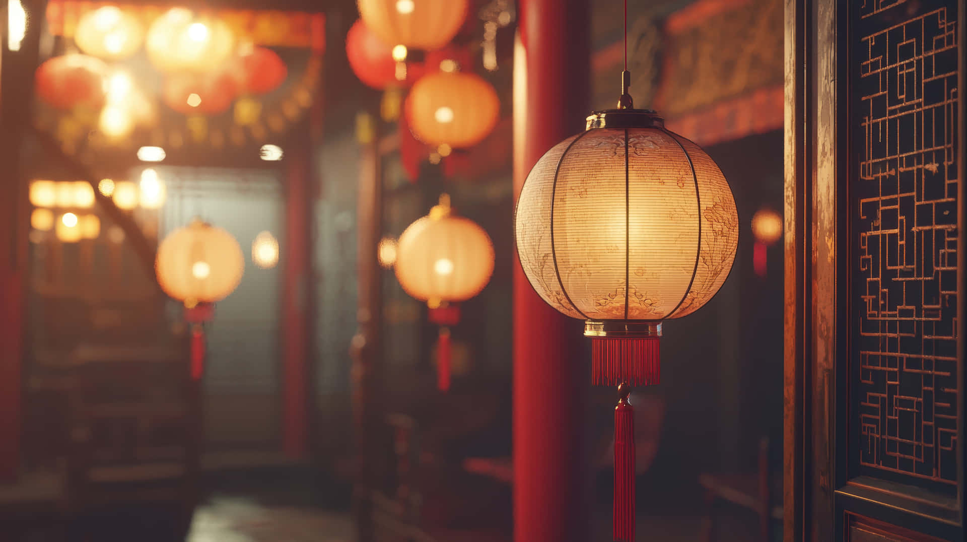 A warm campfire glows in the night, sending sparks into the air while logs burn 壁紙 — 一個溫暖照明的傳統中式燈籠，帶有紅色流蘇，聚焦掛在一個柔和模糊的走廊中，走廊有類似的燈籠和木建築。