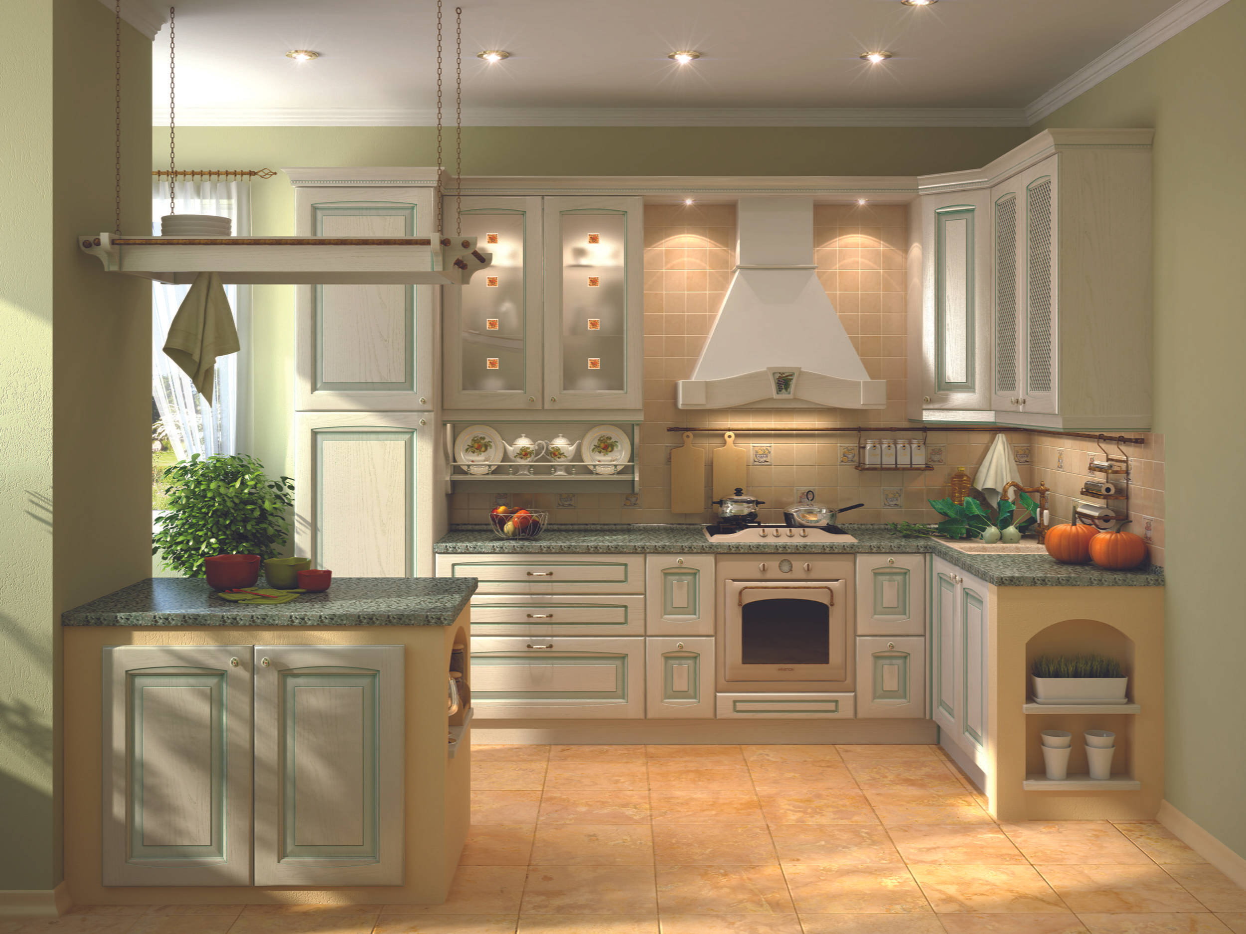 Interior Design 桌布 壁紙 — 一個溫暖照明的傳統廚房，配有奶油色櫥櫃、青綠色飾邊、花崗岩檯面，以及枱面上的秋季南瓜。