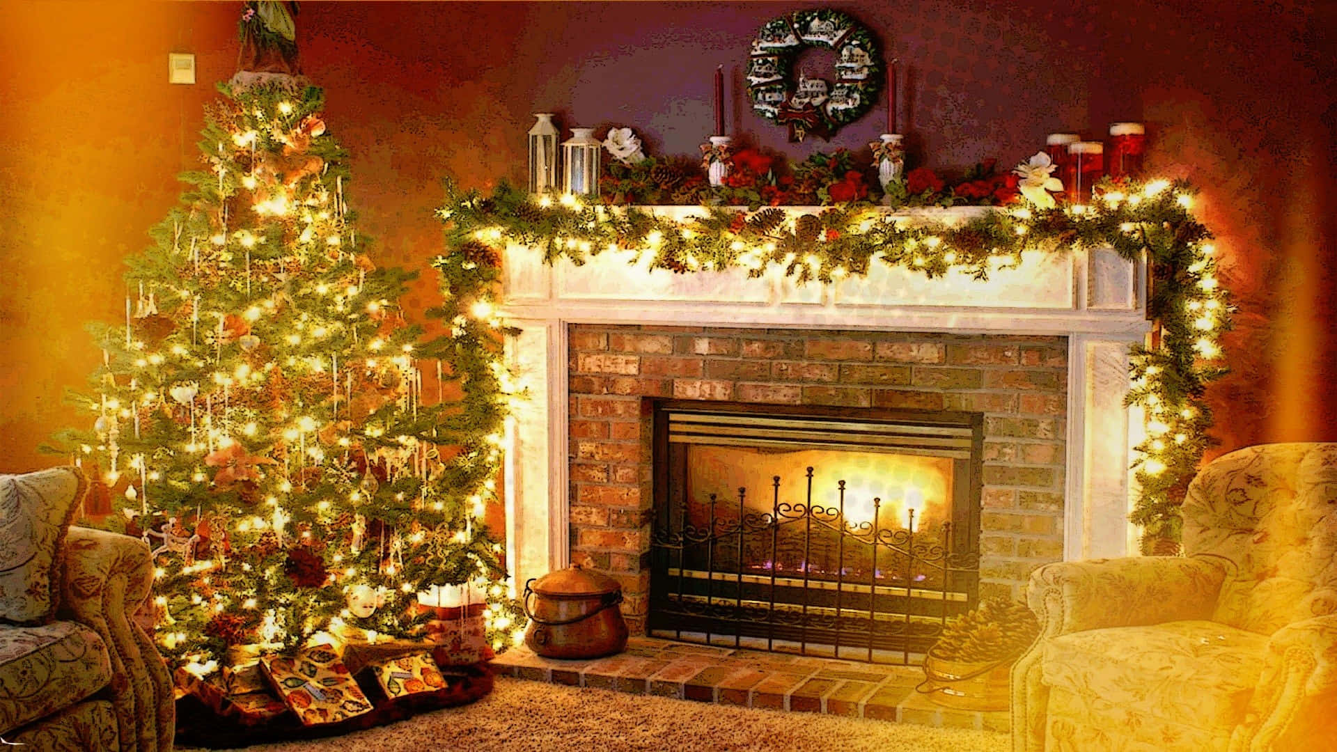 Christmas Living Room 桌布 壁紙 — 一個溫暖照明的客廳，設有發光的壁爐和裝飾著燈飾和飾品的聖誕樹。