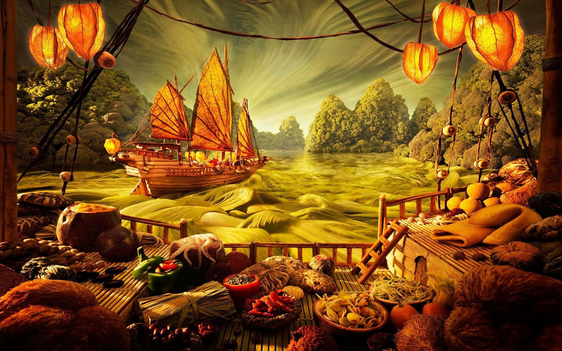 ships 桌布 壁紙 — 一個溫暖照明的竹筏市場漂浮在發光的綠色河流上，一艘傳統帆船在懸掛的燈籠下經過。