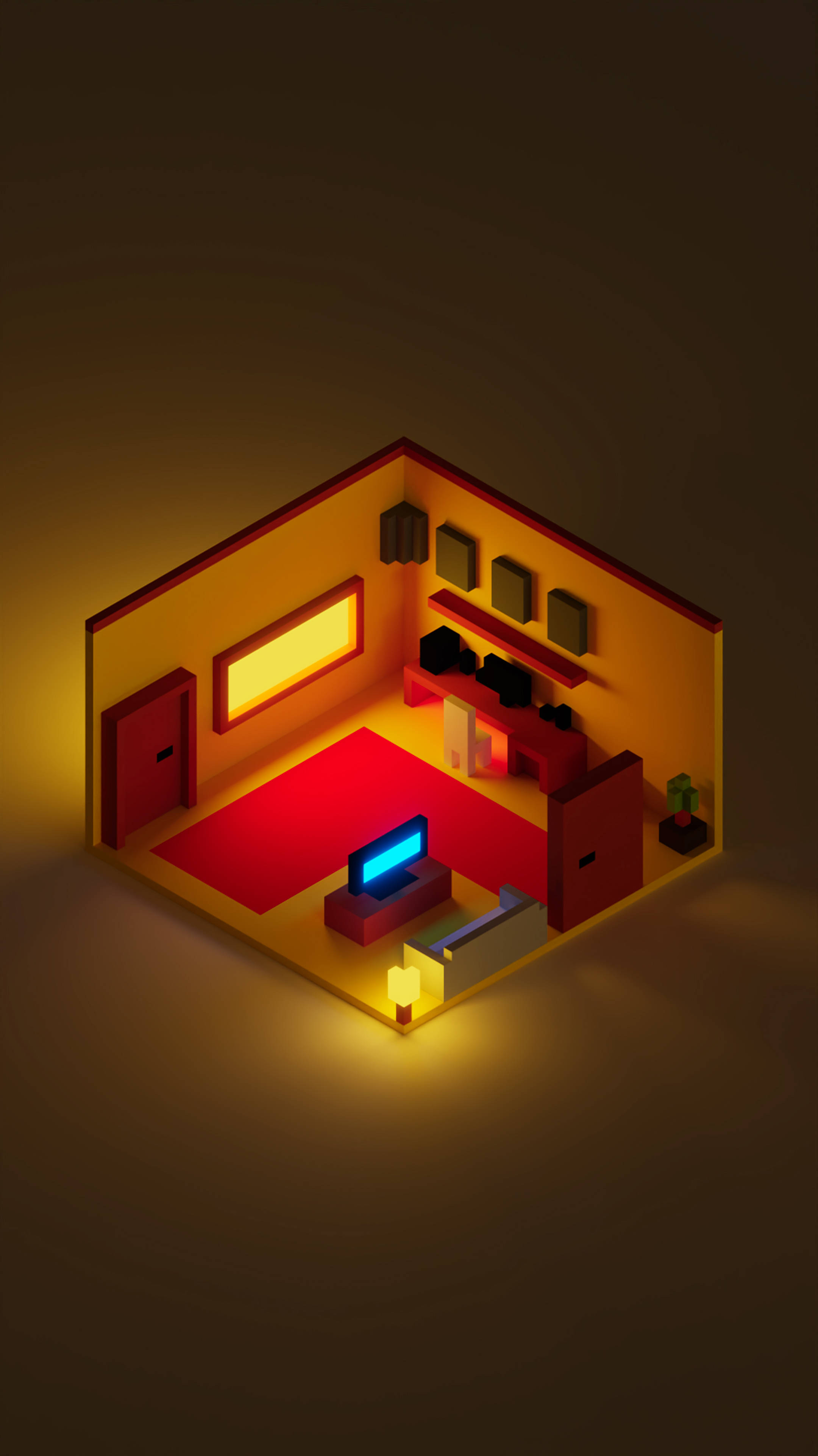 3D 桌布 壁紙 — 一個溫暖照明的等距房間，紅色牆壁和地毯在窗戶和落地燈的環境黃光下發光。