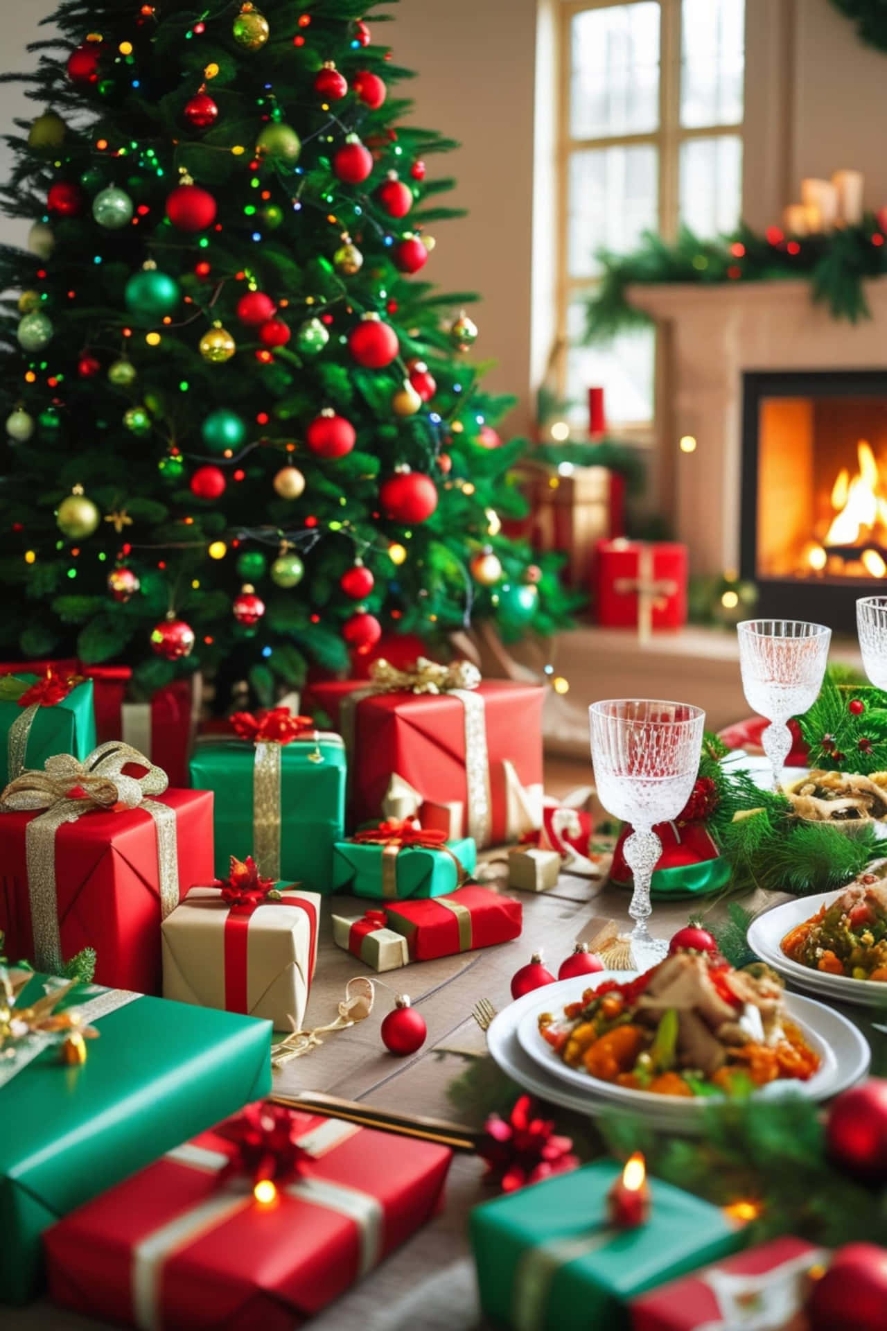 Christmas day 壁紙 — 一個溫暖照明的聖誕場景，裝飾的聖誕樹、閃爍的燈光、禮物、食物和飲料靠近壁爐。