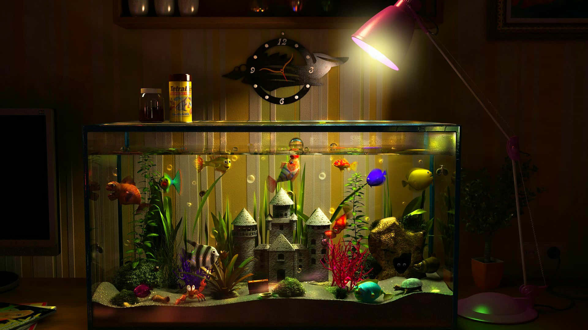 3d Fish Tank 桌布 壁紙 — 一個溫暖照明的魚缸，裡面充滿了色彩繽紛的魚和城堡裝飾，放在一張粉紅色燈下的書桌上，位於一個舒適昏暗的房間裡。