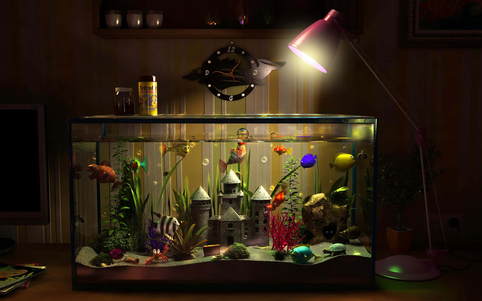 魚 桌布 壁紙 — 一個溫暖照明的魚缸，裡面有色彩繽紛的魚和城堡裝飾，放在粉紅色燈下的木桌上，位於舒適昏暗的房間。