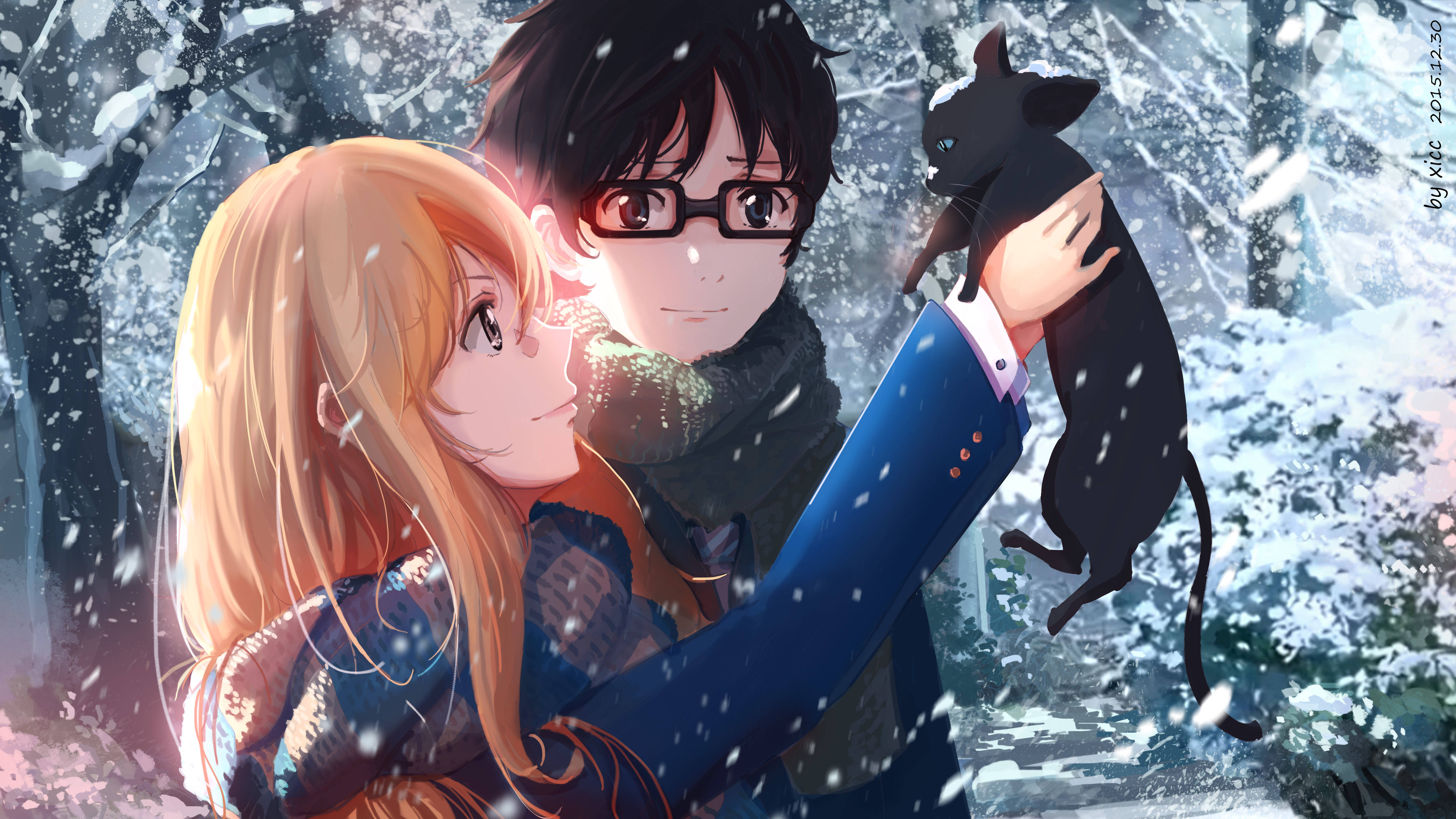 動漫 4K 桌布 壁紙 — 一個溫暖的冬日場景，一對年輕情侶在飄雪中擁抱，一隻黑貓棲息在男子的手臂上。
