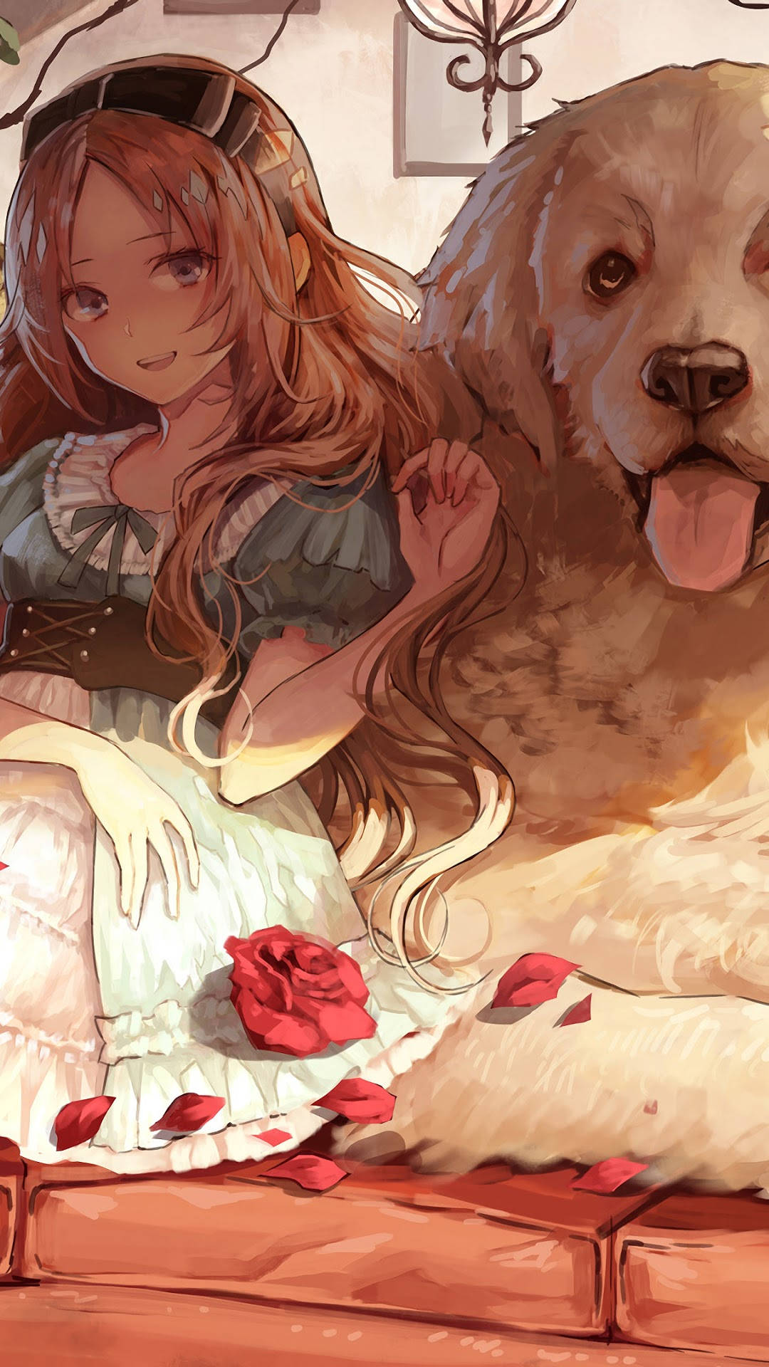 Dog And Girl 桌布 壁紙 — 一個溫暖的動漫女孩，長長的棕色頭髮，坐在一隻毛茸茸的金毛尋回犬旁邊，紅色玫瑰花瓣散落在他們周圍的木地板上。