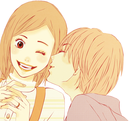 couple love 桌布 壁紙 — 一個溫暖的動漫風格插圖，描繪一位年輕女子大笑，同時一個男孩深情地親吻她的臉頰。