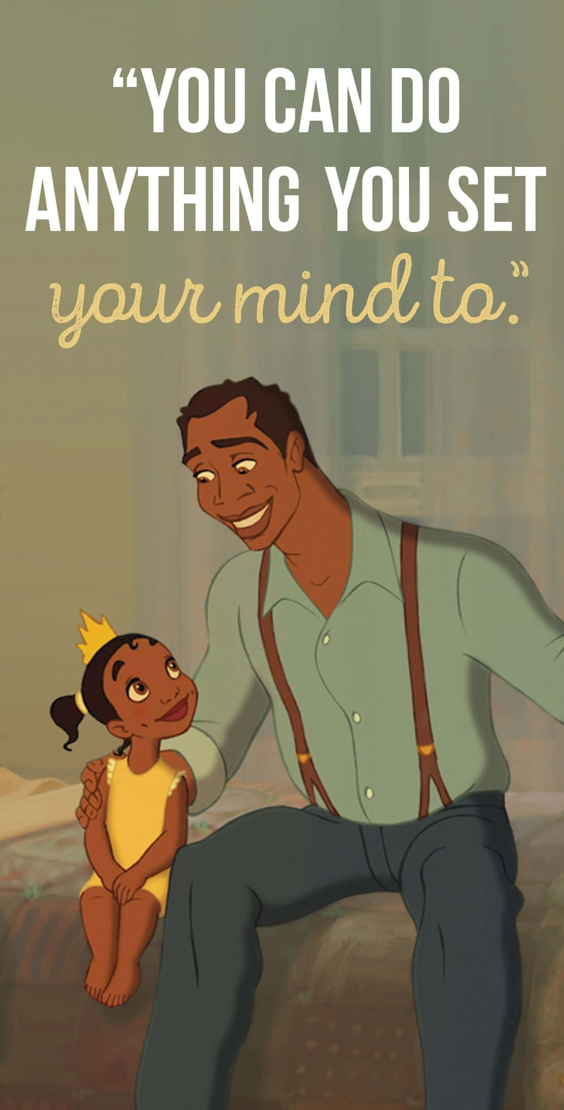 Princess Tiana 桌布 壁紙 — 一個溫暖的動畫場景，一位微笑的父親抱著他戴著小皇冠的年輕女兒。