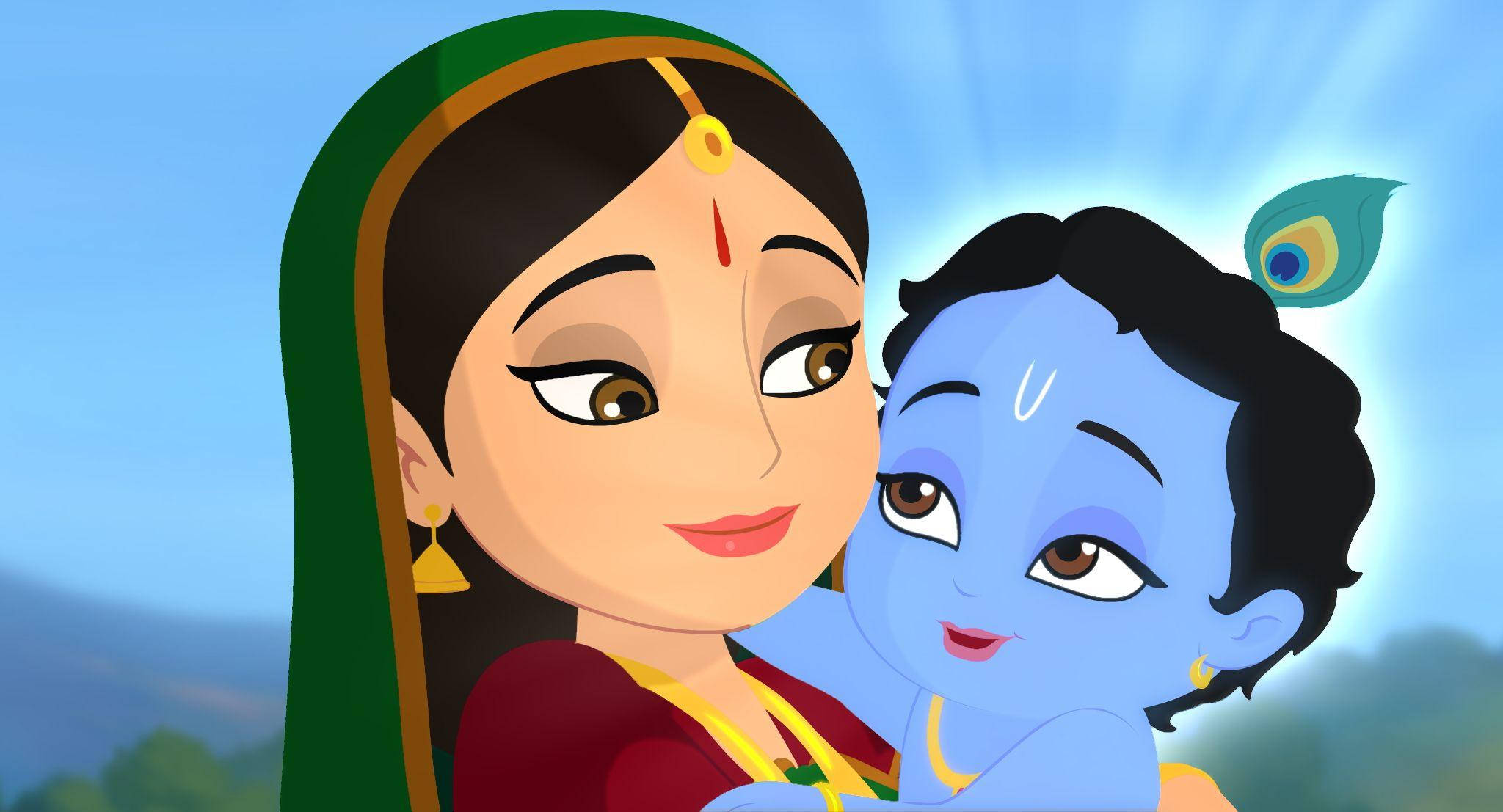 cute krishna 桌布 壁紙 — 一個溫暖的動畫場景，一名穿著傳統服飾的女子抱著一個藍皮膚的孩子，孩子手持孔雀羽毛，兩人在柔和的藍天下微笑。