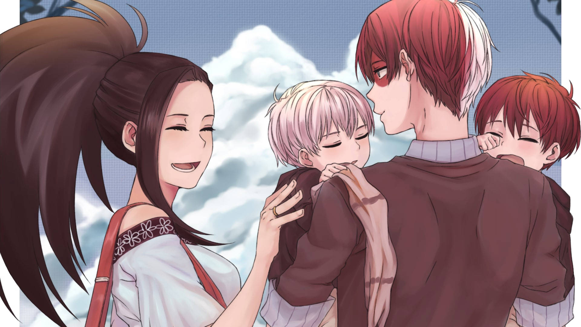 todoroki family 桌布 壁紙 — 一個溫暖的動畫家庭時刻，母親微笑著觸摸兒子，父親在柔和的雲天下抱著兩個孩子。