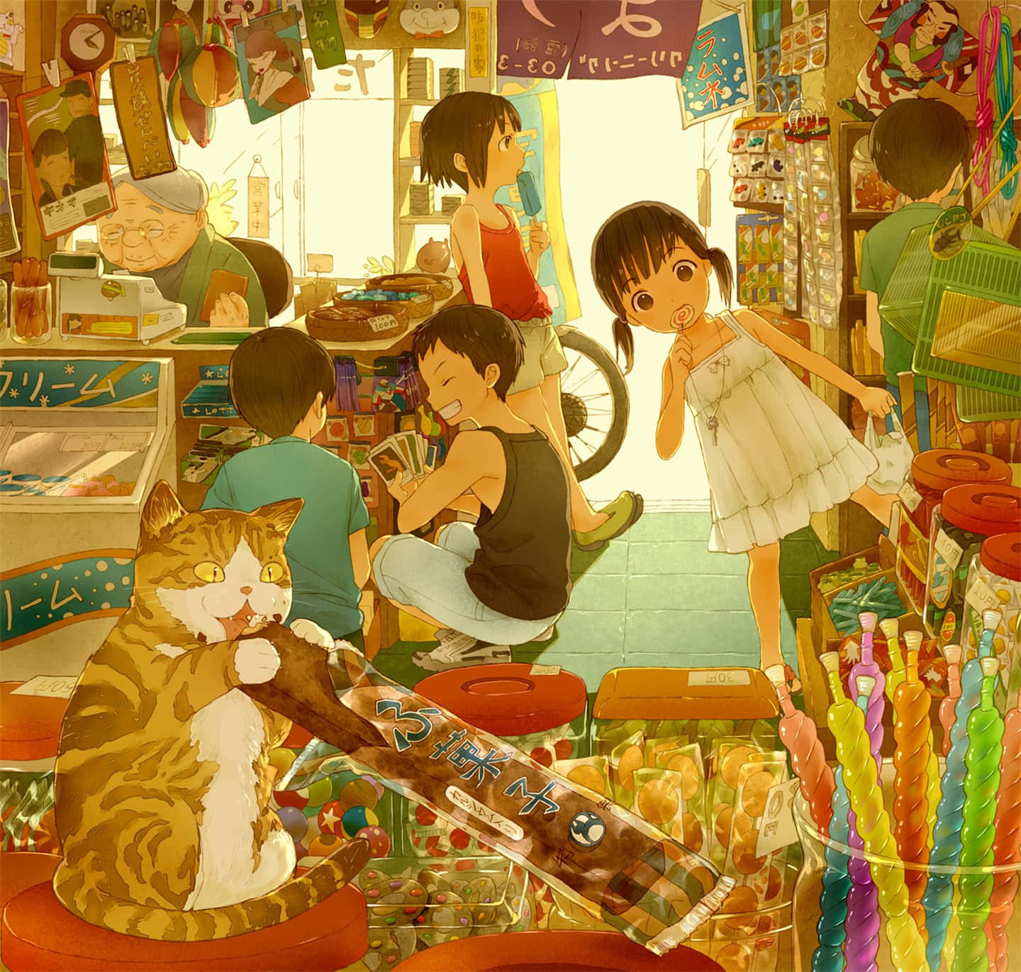桌布 壁紙 — 一個溫暖的動畫風格商店場景，孩子們和一隻貓被色彩繽紛的糖果和日本商品包圍。