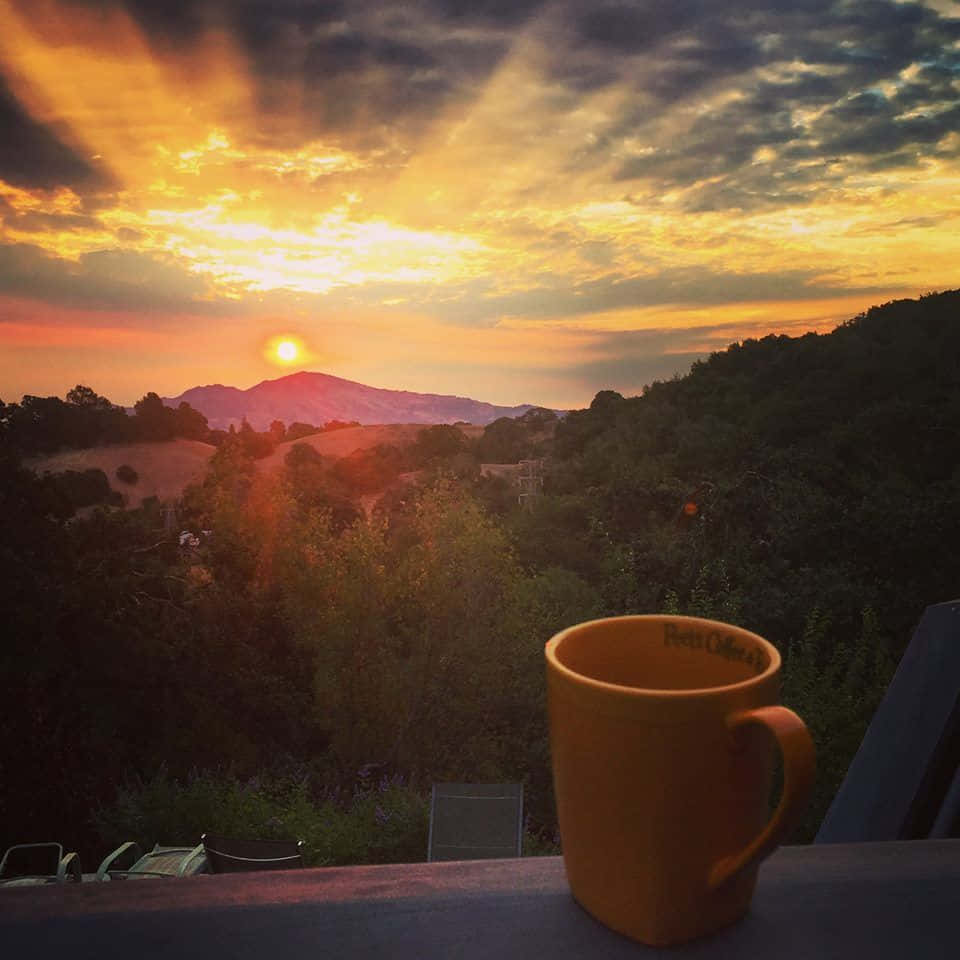 Morning Coffee 桌布 壁紙 — 一個溫暖的橙色咖啡杯放在欄杆上，俯瞰著日落時分陽光普照的山谷，有起伏的山丘和樹木。