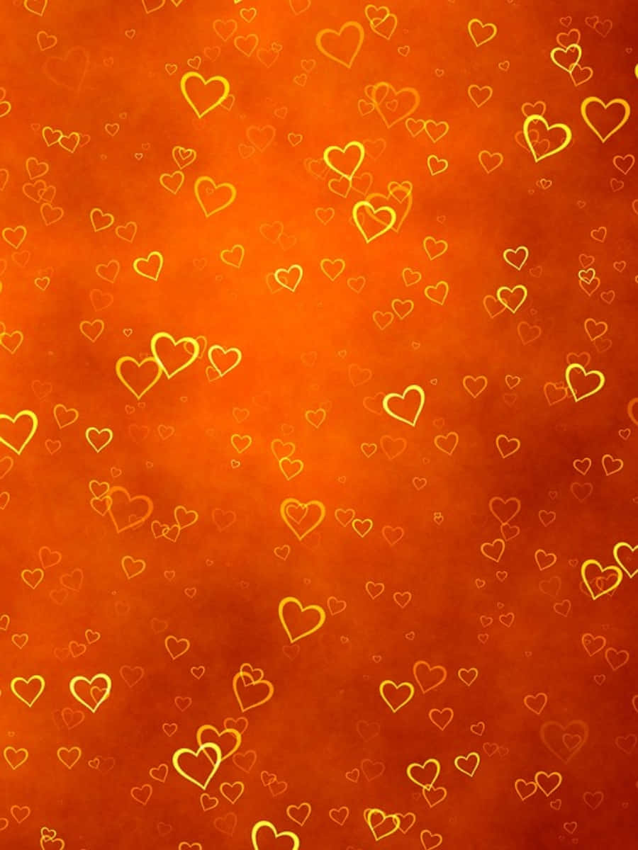 Orange Heart 桌布 壁紙 — 一個溫暖的橙色紋理背景，充滿了輕輕漂浮的金色心形輪廓。