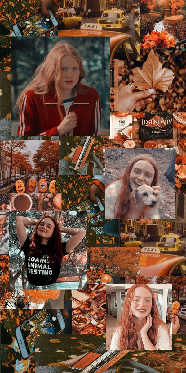 Stranger Things Aesthetic 桌布 壁紙 — 一個溫暖的秋季主題拼貼畫，描繪一位紅髮年輕女性在各種場景中，包括計程車、南瓜和樹葉。