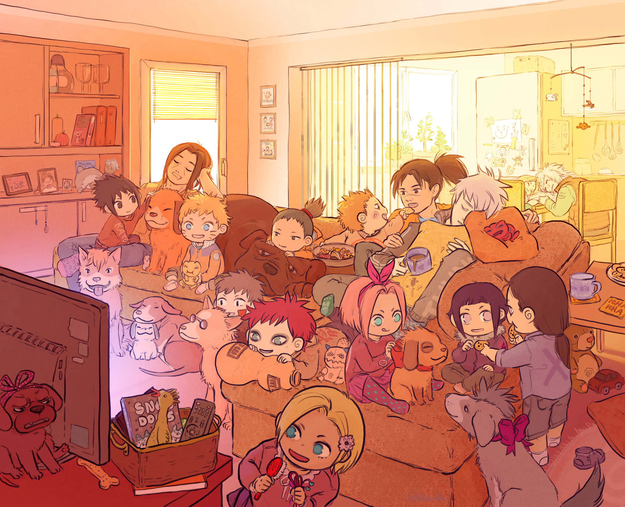 Naruto's Friend 桌布 壁紙 — 一個溫暖舒適的客廳，充滿了動漫風格的孩子和狗聚集在沙發上一起看電視。