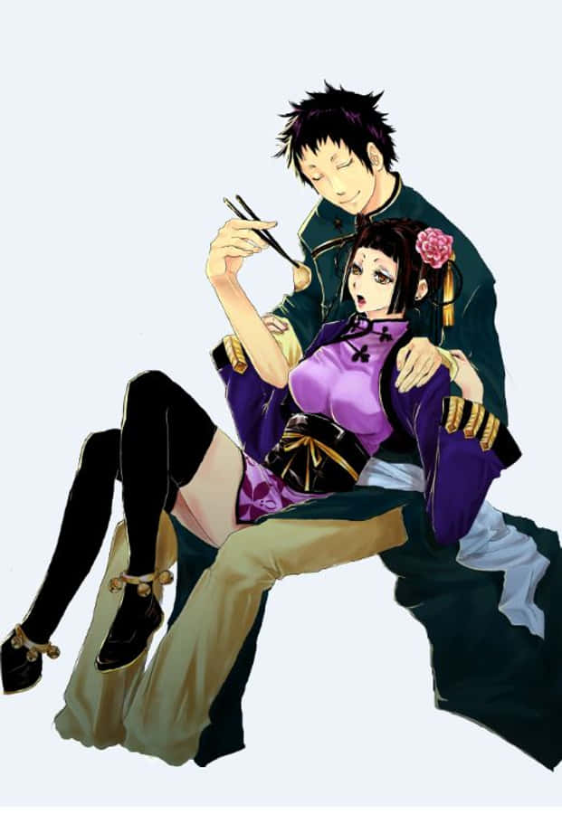 Black Butler Lau 桌布 壁紙 — 一個溫柔的動漫場景，一個男人用筷子餵食一個驚訝的女人，同時擁抱著她。