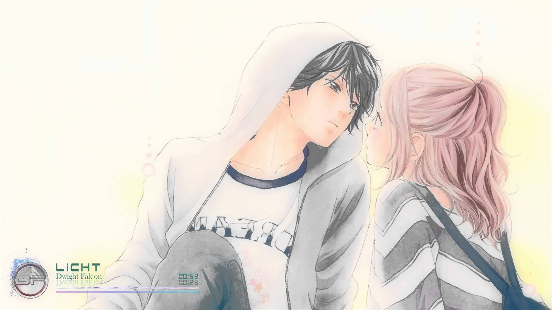Ride 桌布 壁紙 — 一個溫柔的動漫場景，一個穿著連帽衫的年輕男子和一個粉紅色頭髮的女孩在柔和發光的背景下分享親密時刻。