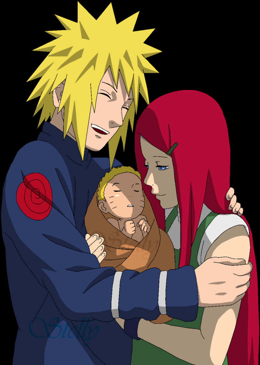 minato namikaze 桌布 壁紙 — 一個溫柔的動漫場景，一男一女擁抱著一個用棕色布包裹著的熟睡嬰兒。