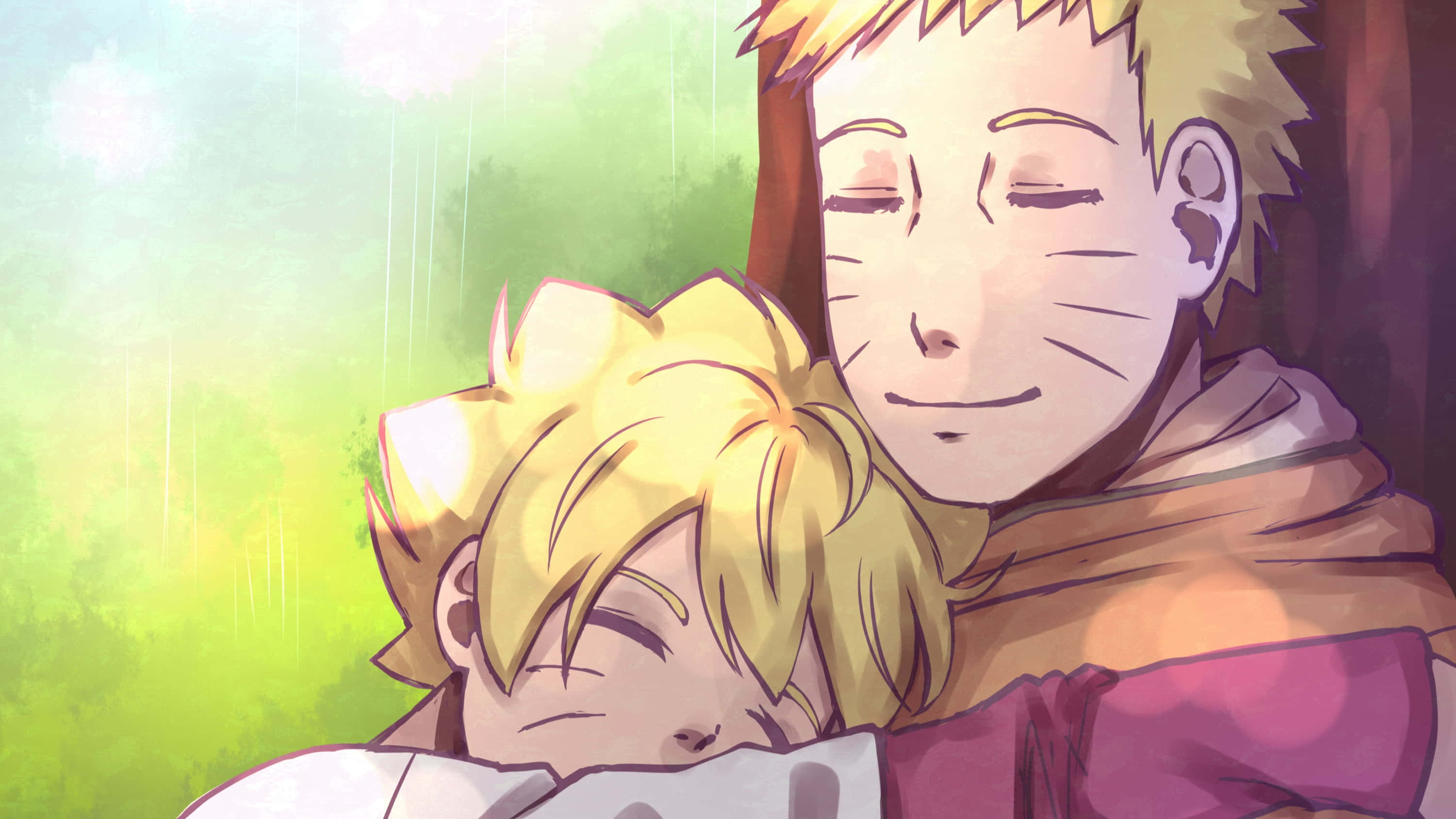 Boruto And Naruto 桌布 壁紙 — 一個溫柔的動漫場景，兩個金髮角色在柔和的雨中擁抱，伴隨著溫暖的光芒。