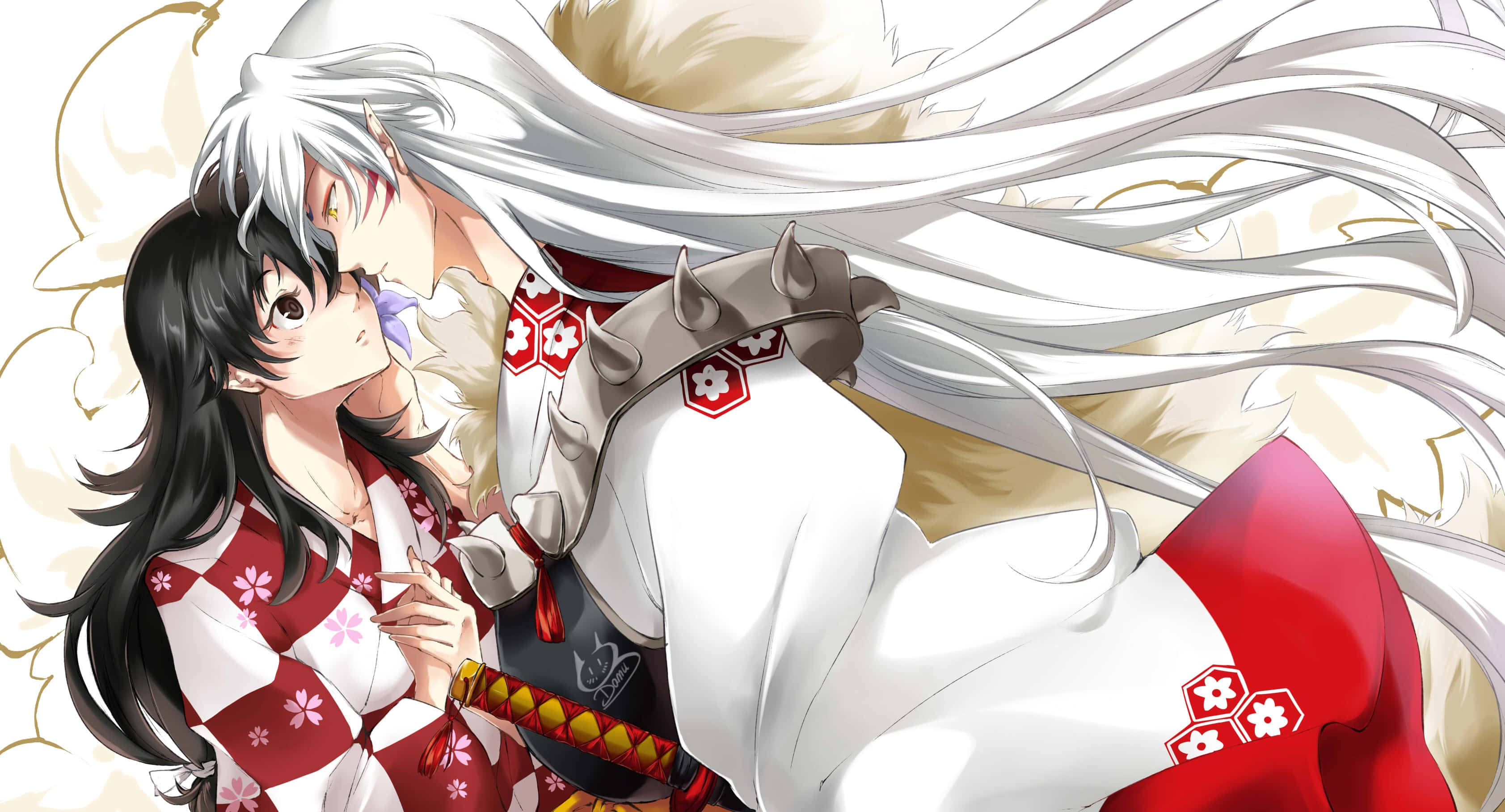Inuyasha And Rin 桌布 壁紙 — 一個溫柔的動漫場景，白髮魔王擁抱著一位穿著傳統紅白服飾的黑髮女孩。