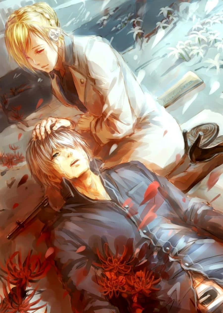 Akira Mado 桌布 壁紙 — 一個溫柔的動漫場景，金髮角色在飄落的紅色花瓣和白色花朵中懷抱著倒下的同伴。
