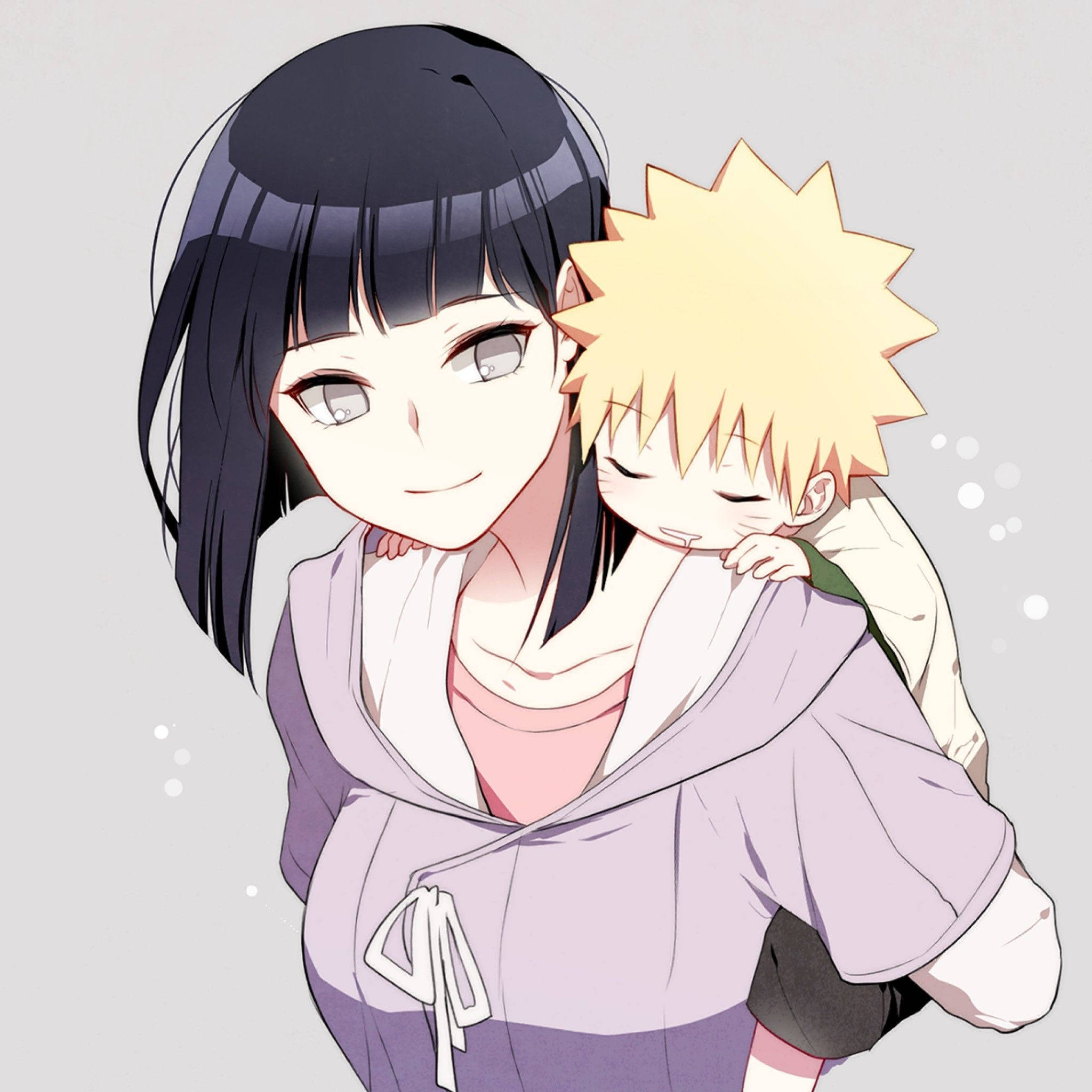 Hinata Hyuga 桌布 壁紙 — 一個溫柔的動漫場景，黑髮女孩微笑著，而一個刺蝟頭男孩依偎在她的肩膀上。