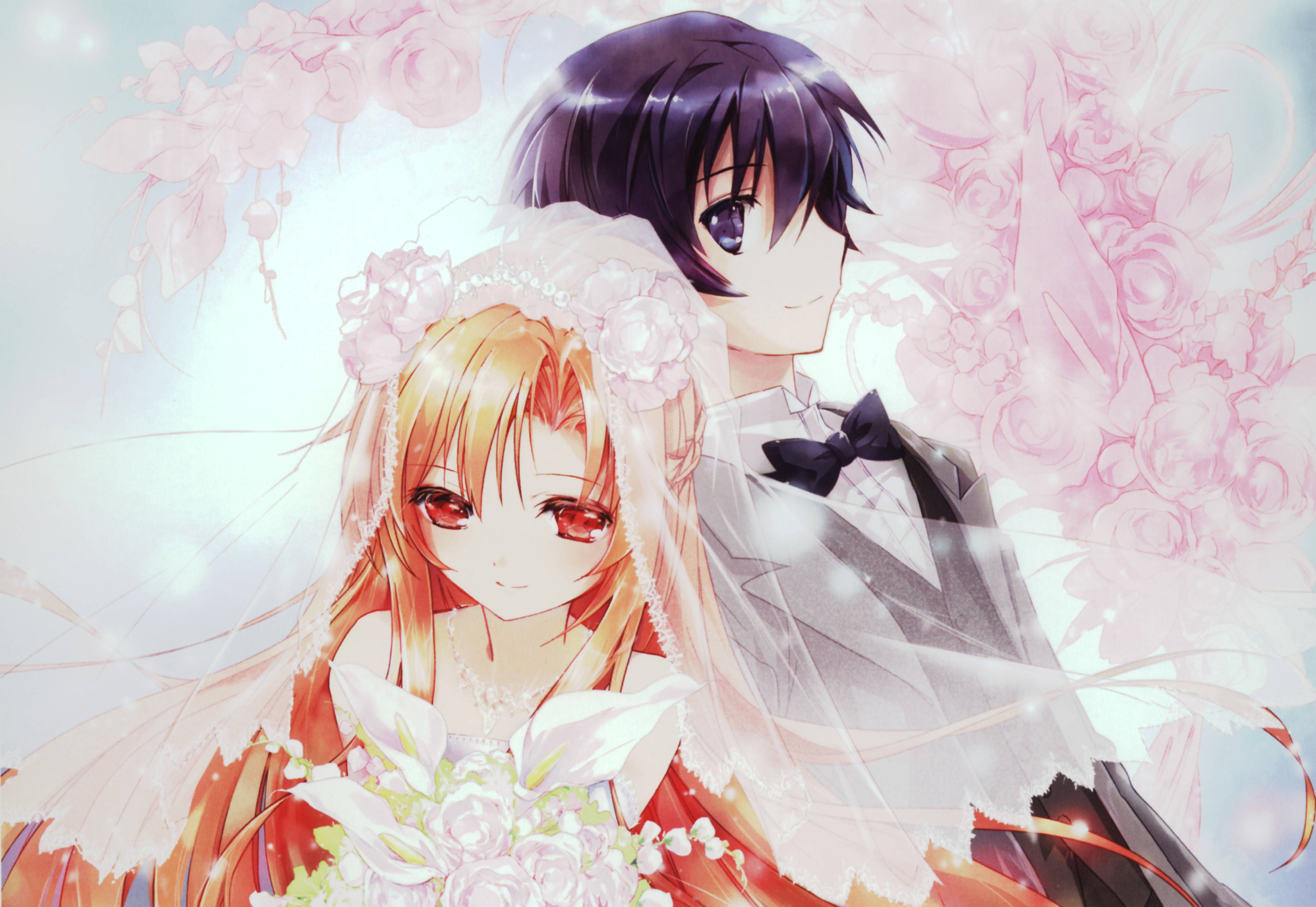 Wedding Aesthetic 桌布 壁紙 — 一個溫柔的動漫婚禮場景，新娘穿紅色禮服，新郎穿黑色燕尾服，周圍環繞著粉紅玫瑰和柔和光線。