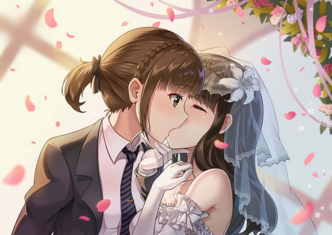Wedding 桌布 壁紙 — 一個溫柔的動漫婚禮場景，新郎親吻新娘的臉頰，粉紅色的花瓣在他們周圍飄浮。
