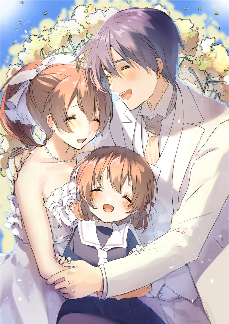 Clannad 桌布 壁紙 — 一個溫柔的動漫家庭肖像，新郎和孩子在盛開的花朵天篷下擁抱。