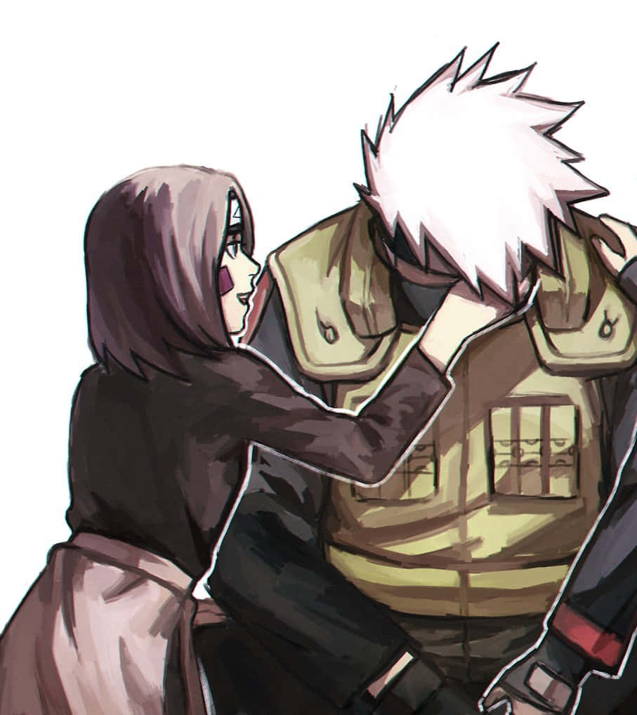 Kakashi And Rin 桌布 壁紙 — 一個溫柔的動漫時刻，一個戴帽子的女孩輕輕觸碰一個穿著忍者背心的刺蝟頭男人的肩膀。
