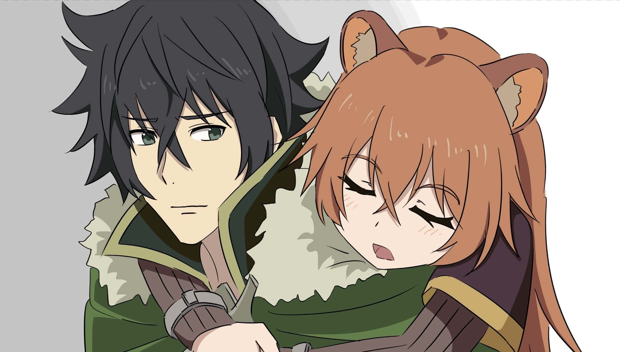 Shield Hero 桌布 壁紙 — 一個溫柔的動漫時刻，一個有貓耳的女孩依偎著一個穿綠色外套的男孩。
