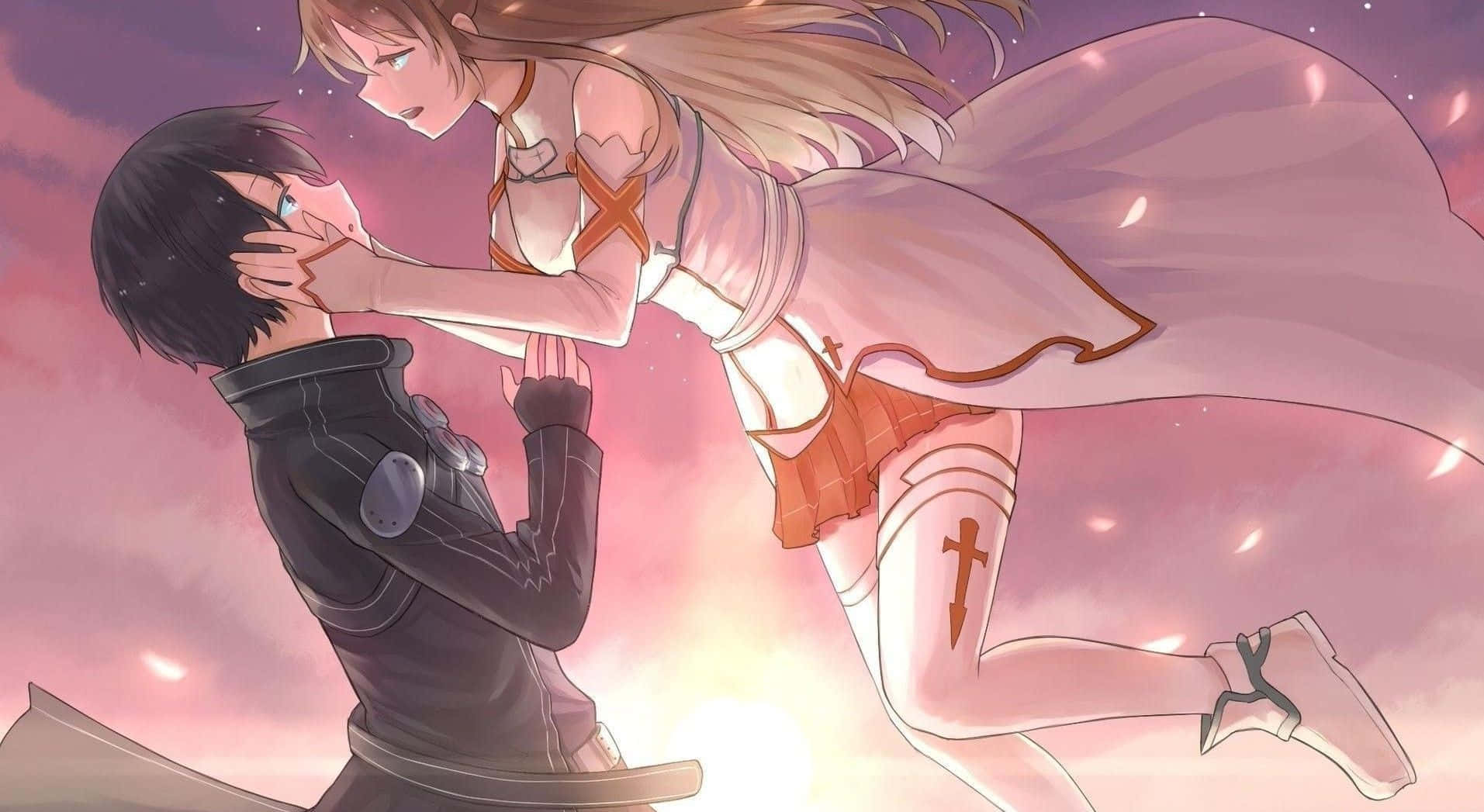 Yuuki Asuna 桌布 壁紙 — 一個溫柔的動漫時刻，一個白衣飄浮的女孩在發光的粉紅色天空下輕輕親吻一個跪著的男孩。