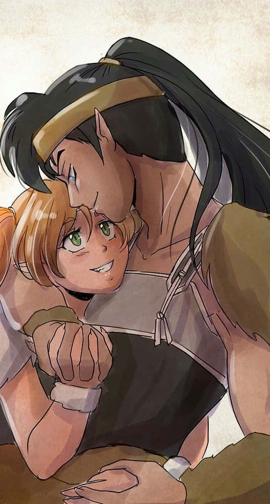 Inuyasha Ayame 桌布 壁紙 — 一個溫柔的動漫時刻，一個高大的黑髮精靈靠近一個微笑的短髮綠眼女孩。