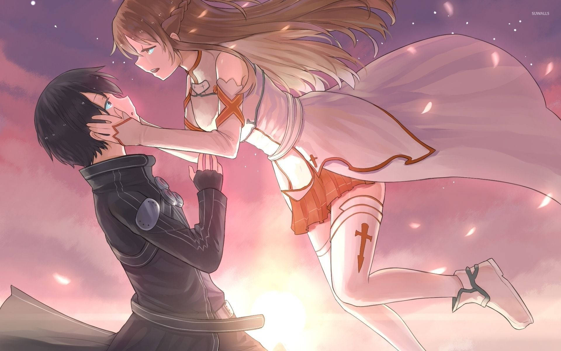 Kirito 桌布 壁紙 — 一個溫柔的動漫時刻，漂浮的女孩在閃爍的粉紅色日落天空下輕輕親吻男孩的臉頰。