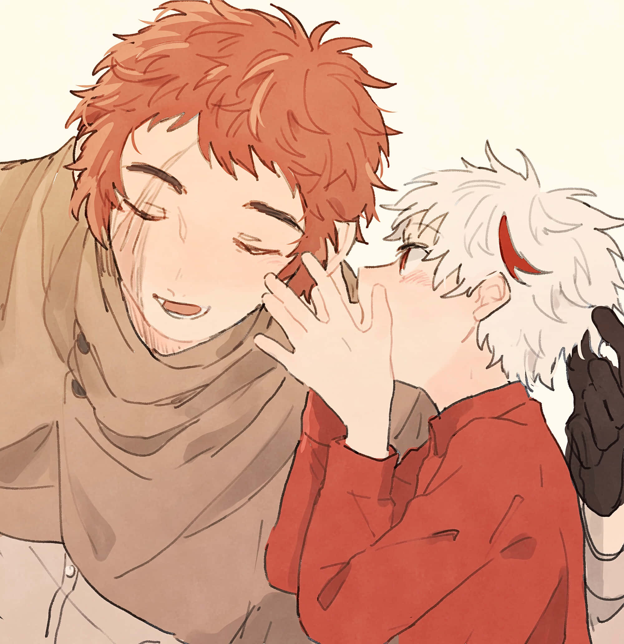 The Promised Neverland Lucas 桌布 壁紙 — 一個溫柔的動漫時刻，白髮角色在微笑的紅髮角色耳邊低語。
