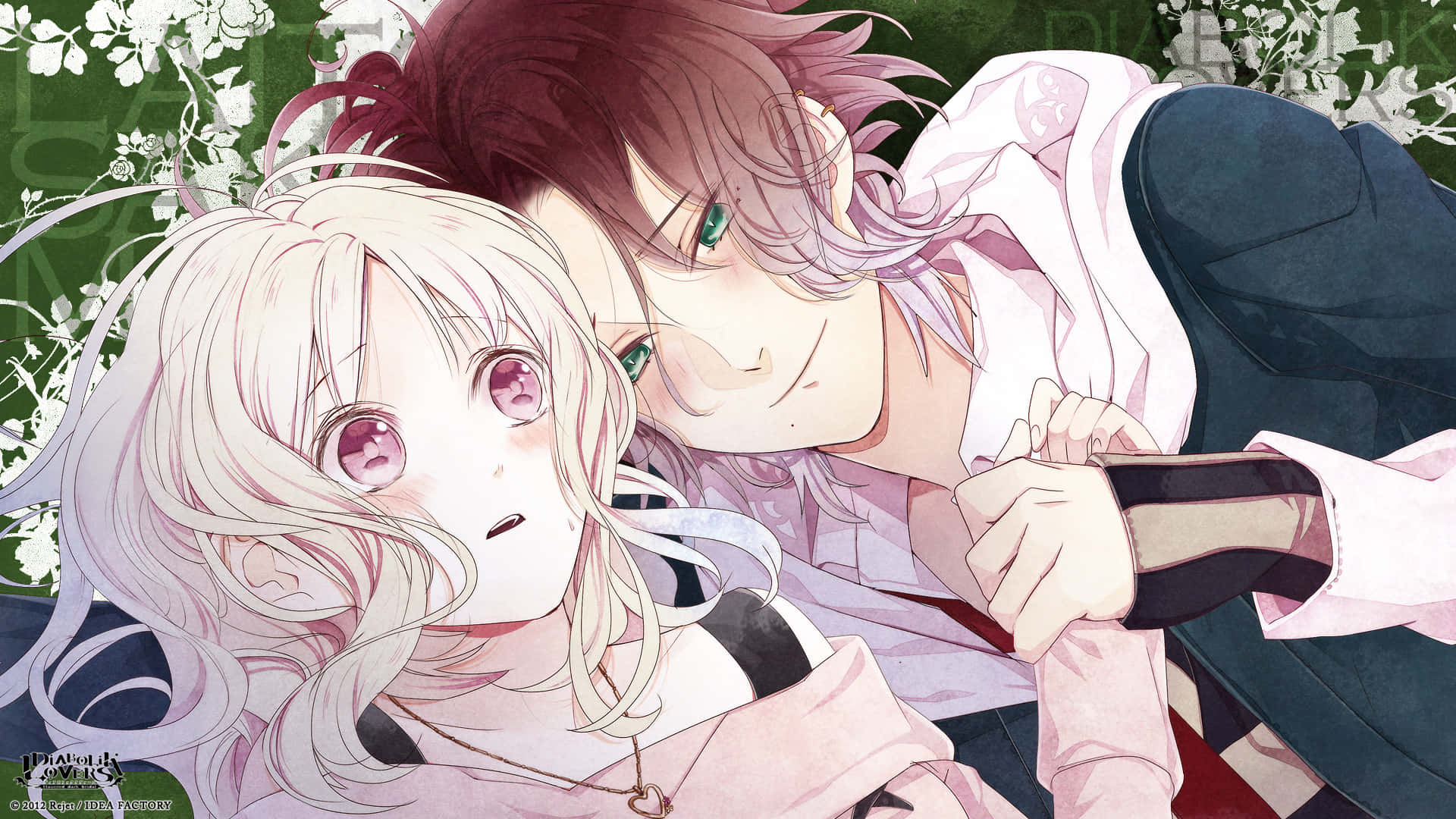 Diabolik Lovers 桌布 壁紙 — 一個溫柔的動漫時刻，紅髮男孩在花叢綠意中靠近一個驚訝的金髮女孩。