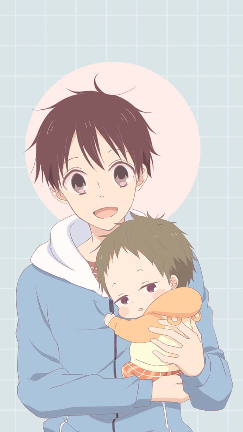 Baby Anime 桌布 壁紙 — 一個溫柔的動漫男孩抱著一個睏倦的幼兒，背景是柔和的粉彩網格。