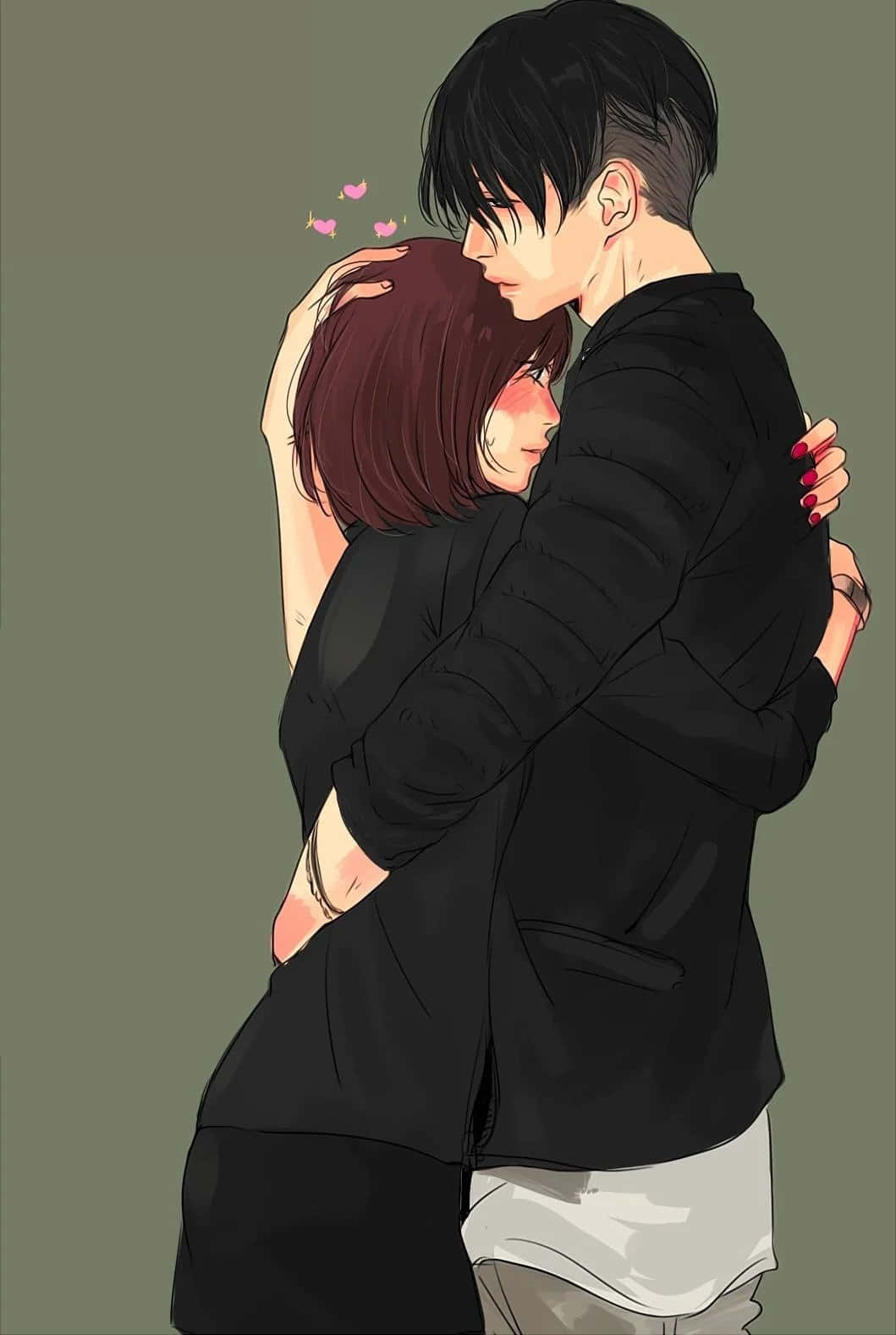 Cute Boyfriend 桌布 壁紙 — 一個溫柔的動漫風格擁抱，男人和女人之間，粉紅色的心形在他們頭頂飄浮，背景是柔和的綠色。