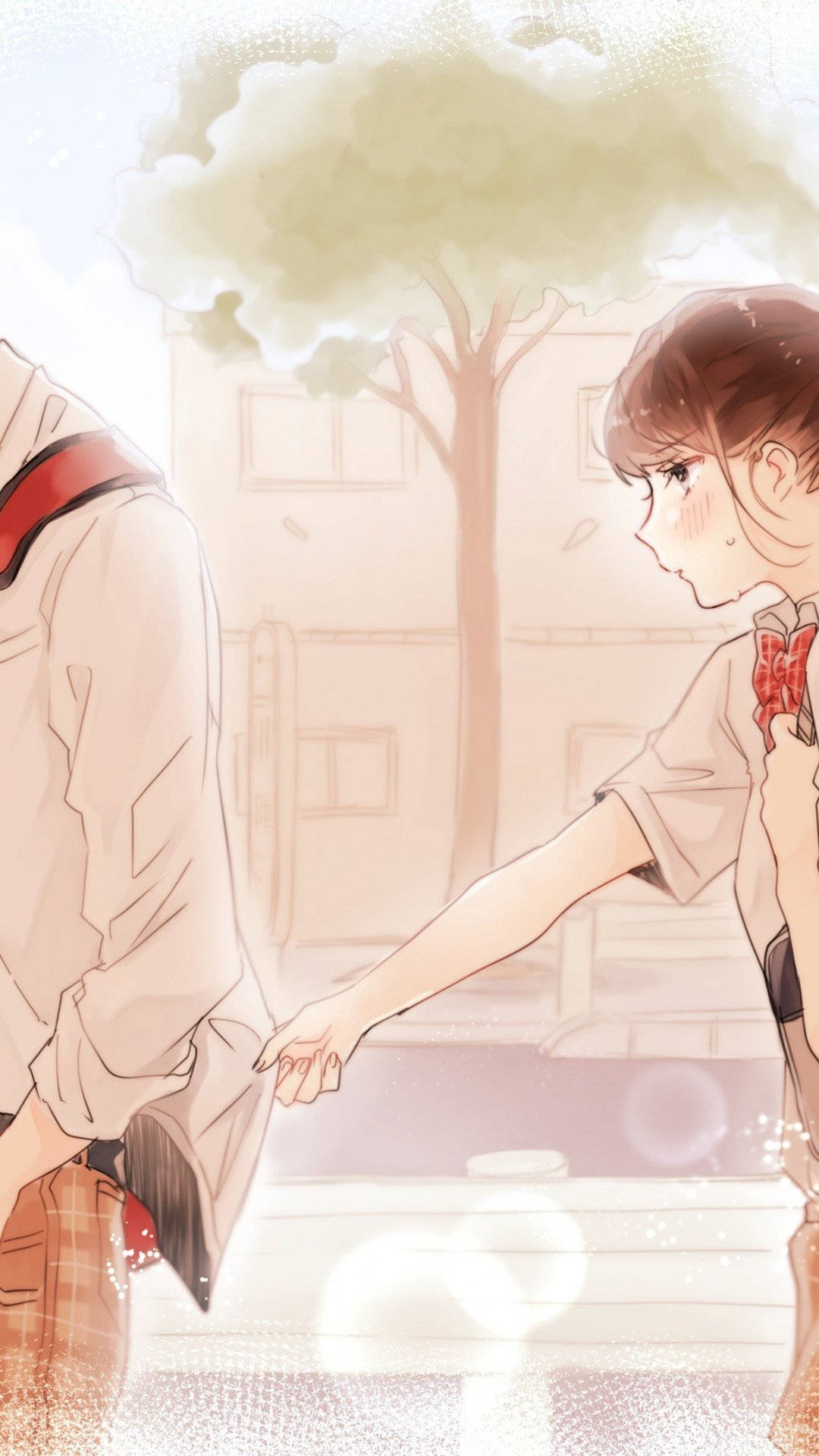 cute couple matching 桌布 壁紙 — 一個溫柔的動漫風格時刻，女孩伸手與男孩在柔和的陽光樹下牽手。