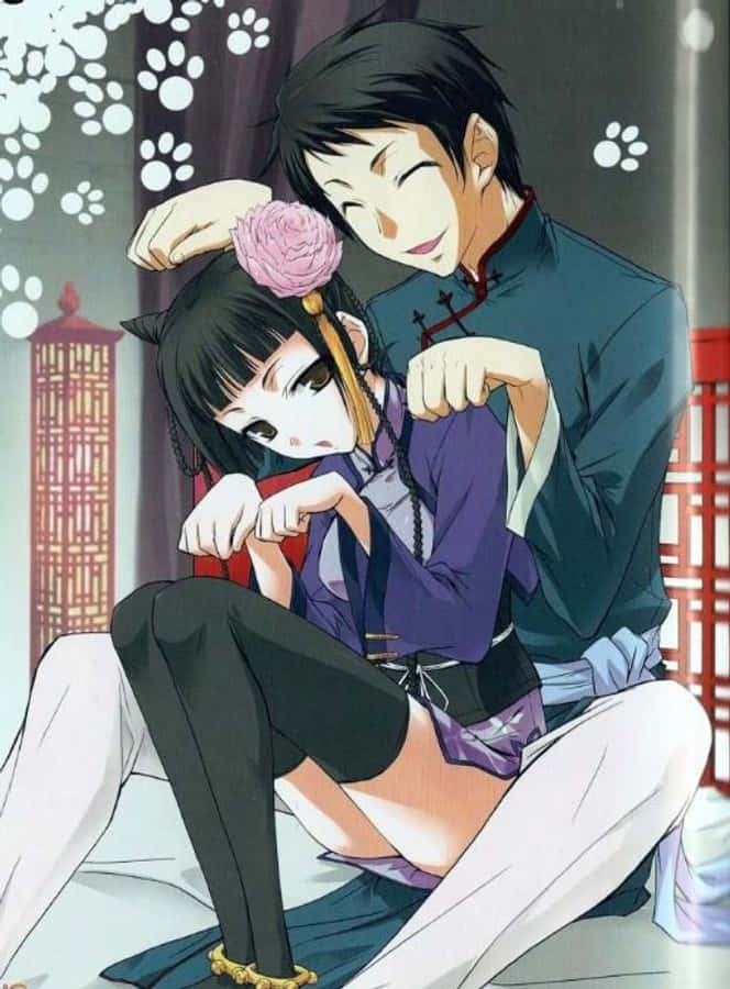 Black Butler Lau 桌布 壁紙 — 一個溫柔的動畫場景，一個微笑的男人輕輕地將一朵粉紅玫瑰放在一個穿著傳統日本服飾、坐在他旁邊的女孩頭上。