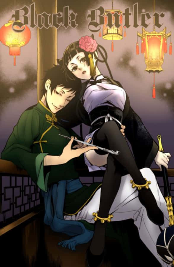 Black Butler Lau 桌布 壁紙 — 一個溫柔的動畫場景，管家和女僕在傳統環境中於發光的燈籠下擁抱。