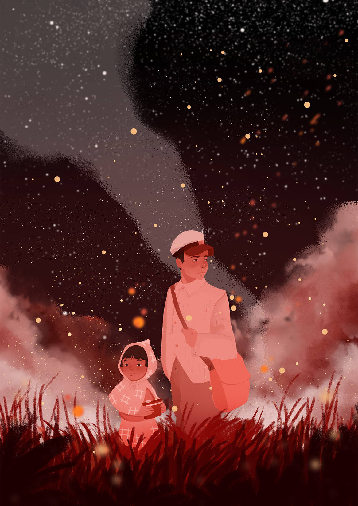 Grave 桌布 壁紙 — 一個溫柔的插圖，描繪一個男人和一個孩子站在高高的草叢中，在佈滿發光粒子的星空暮色天空下。