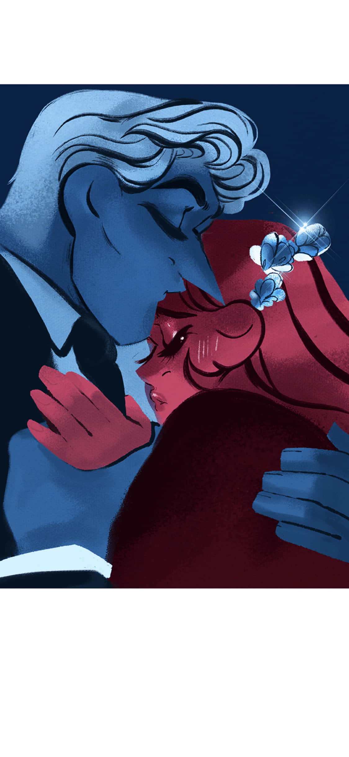 Forehead Kiss 桌布 壁紙 — 一個溫柔的插圖擁抱，藍色調的男人和紅色調的女人，飾有發光的藍色花朵。