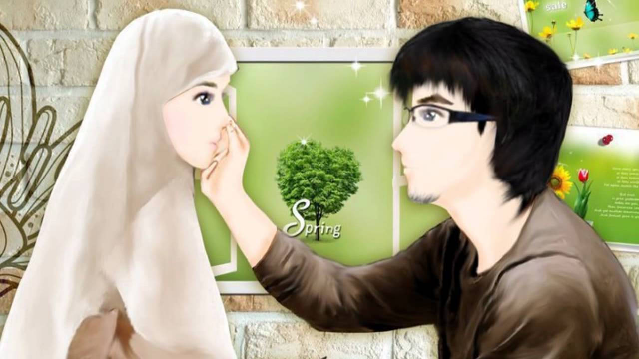 Couple 桌布 壁紙 — 一個溫柔的插畫時刻，描繪一名男子與戴頭巾的女子，他輕觸她的臉頰，背景是春天主題的磚牆。