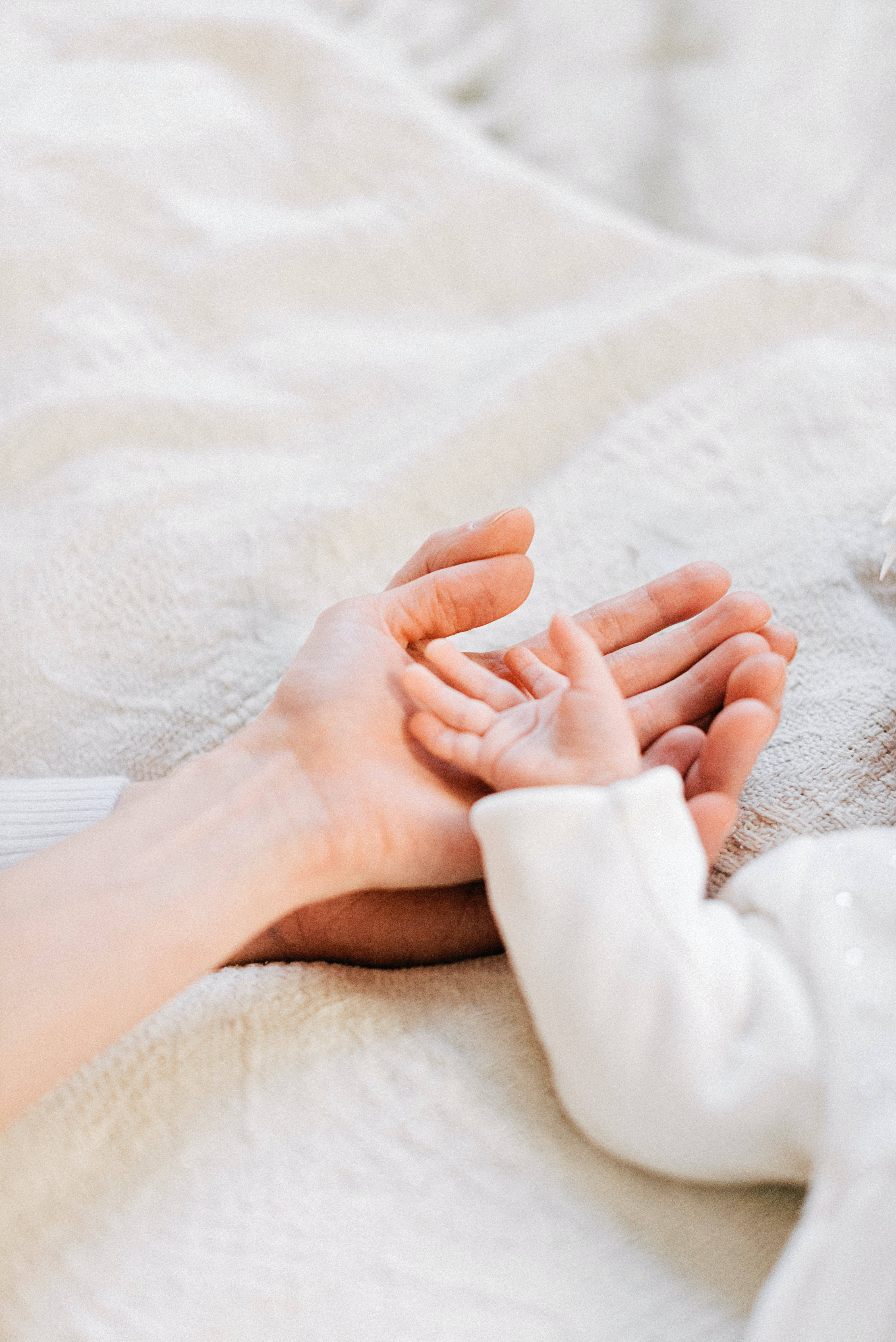 Newborn 桌布 壁紙 — 一個溫柔的時刻，成年人的手輕輕地托著嬰兒的小手，放在柔軟有紋理的白色毯子上。