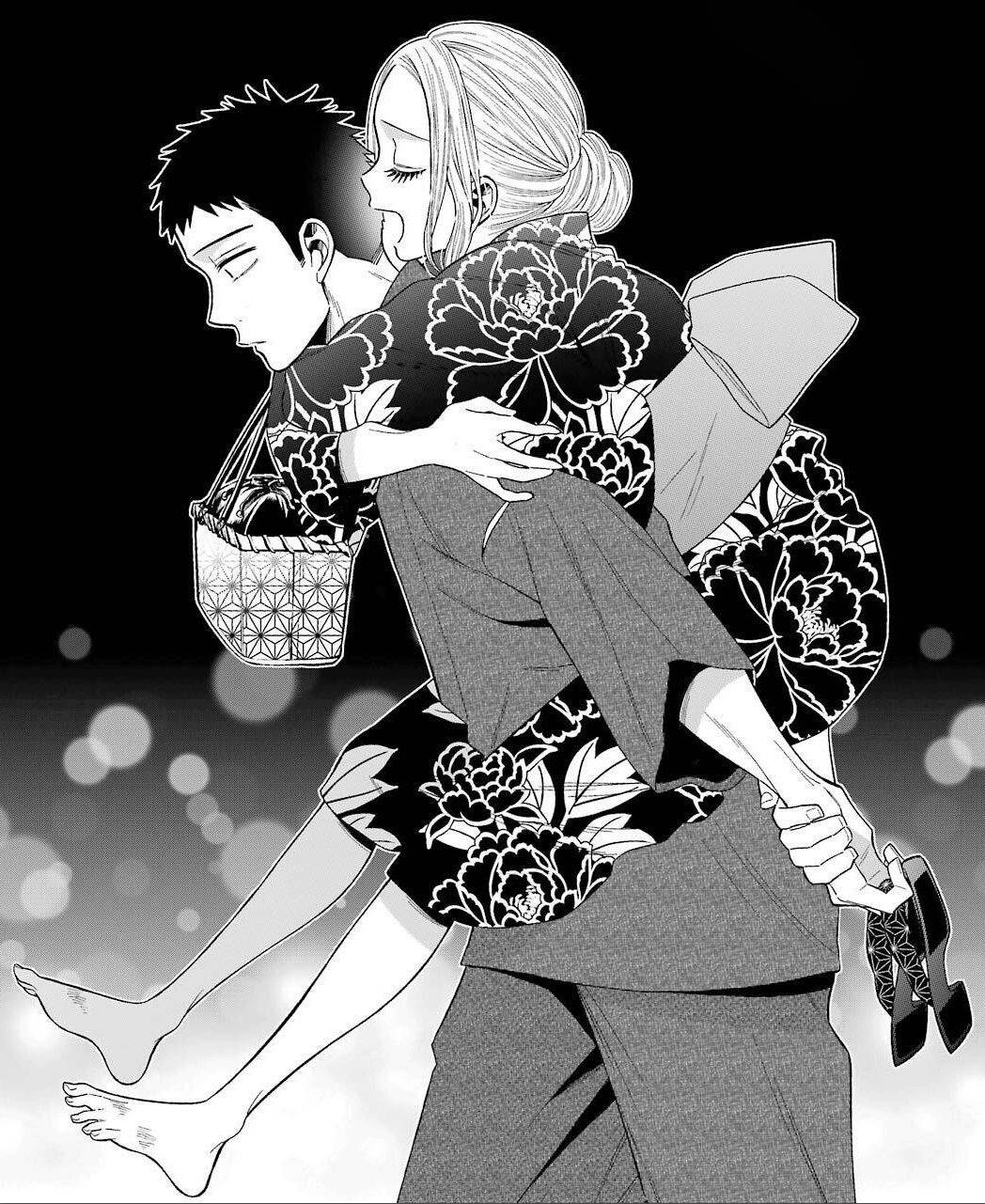 my 桌布 壁紙 — 一個溫柔的黑白動漫場景，一位穿著花卉和服的女性在散景背景中抱著一個男人。