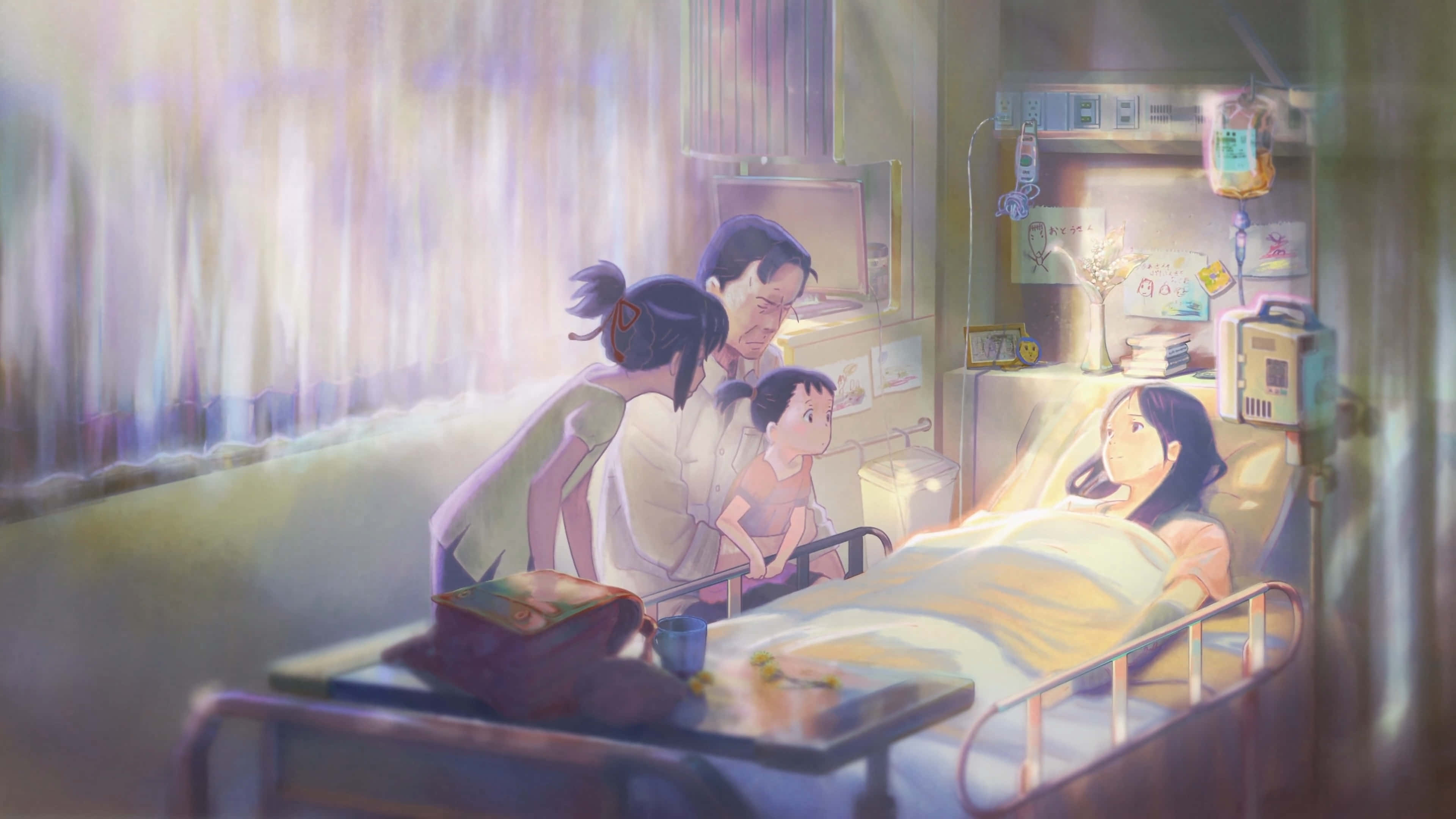 bed 桌布 壁紙 — 一個溫馨的動漫場景顯示一家人圍繞著醫院的床，一位女士在透過窗簾的柔和光線下休息。