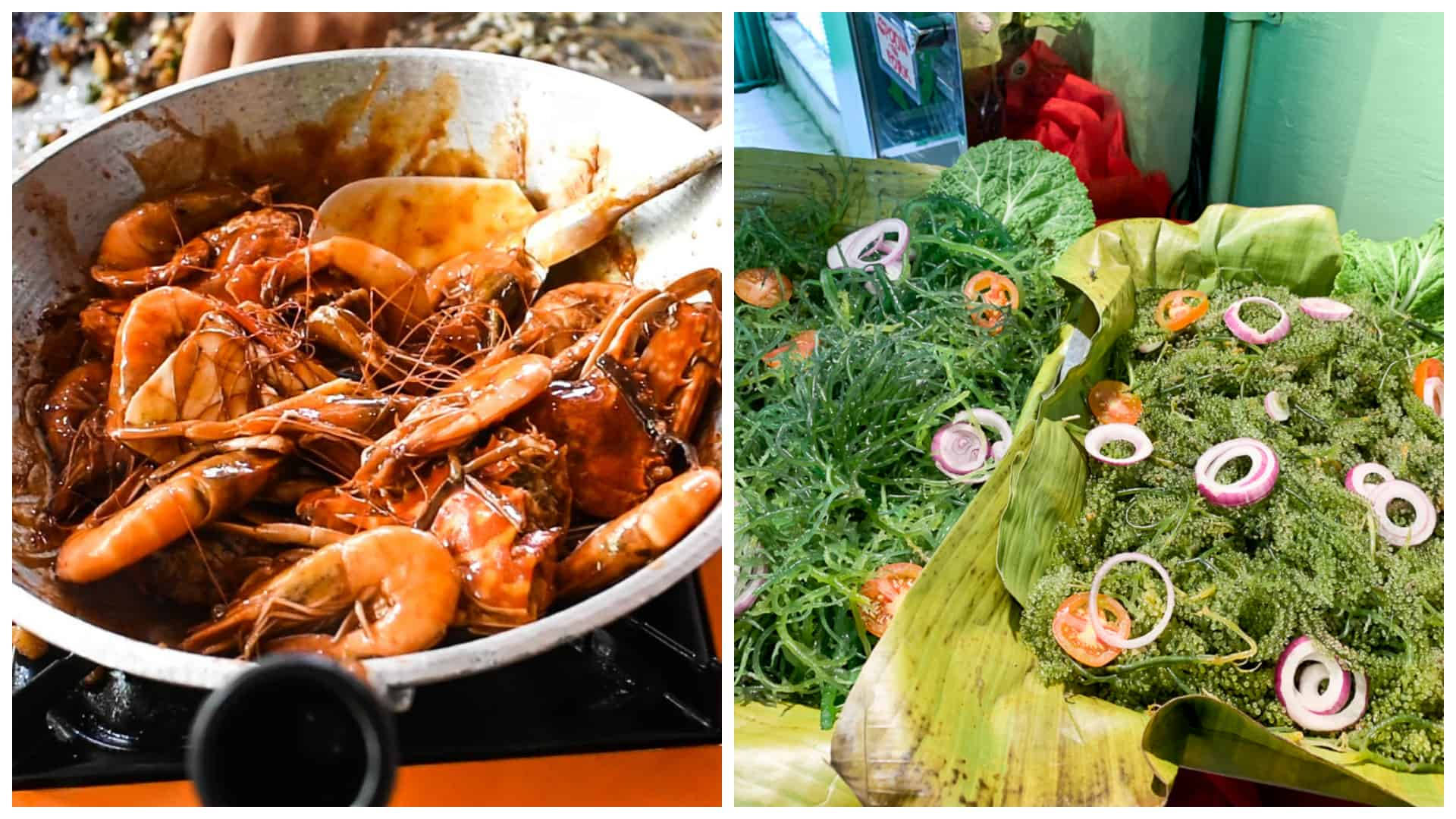 Seafood 桌布 壁紙 — 一個滋滋作響的平底鍋，裡面有濃郁醬汁的蝦，旁邊是一個鮮綠的葉子包裹的菜餚，上面放有洋蔥圈和番茄片。