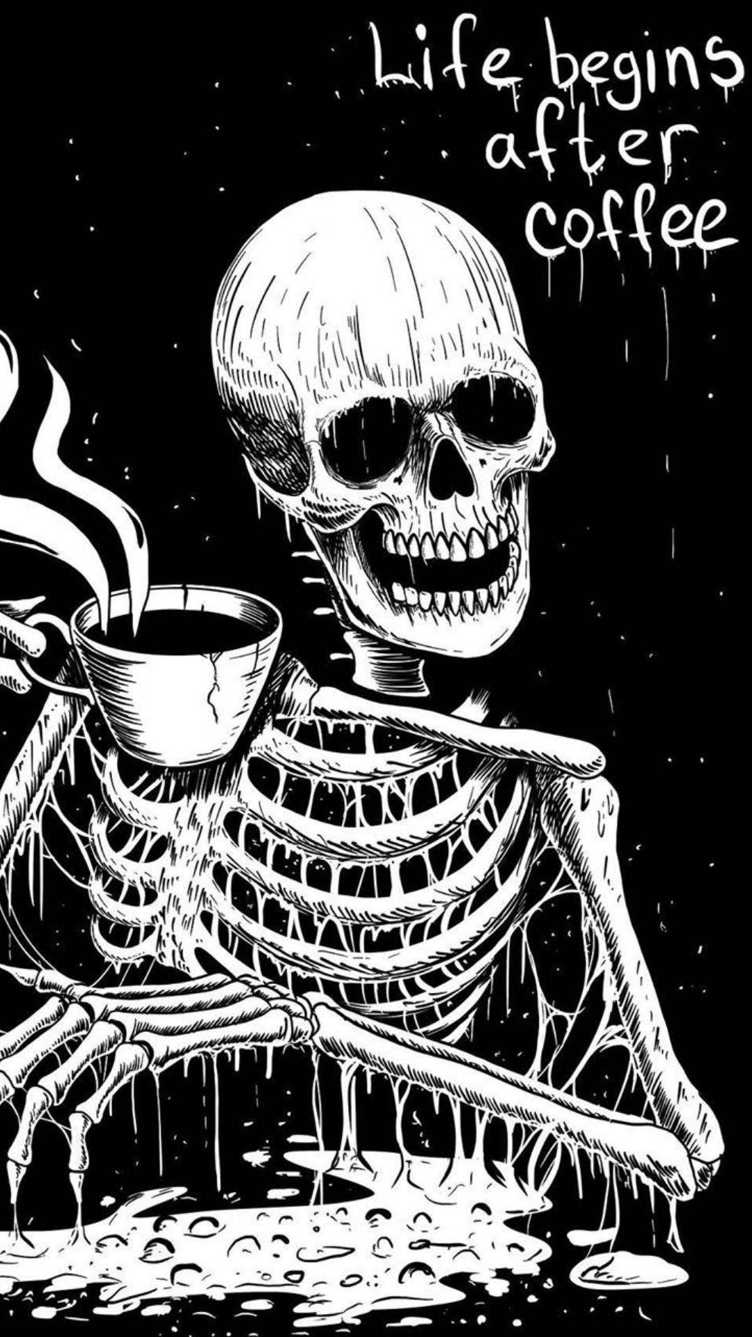 Skeleton Meme 桌布 壁紙 — 一個滴水的骷髏拿著一杯冒煙的咖啡，背景是星空黑色，文字是生活從咖啡開始。